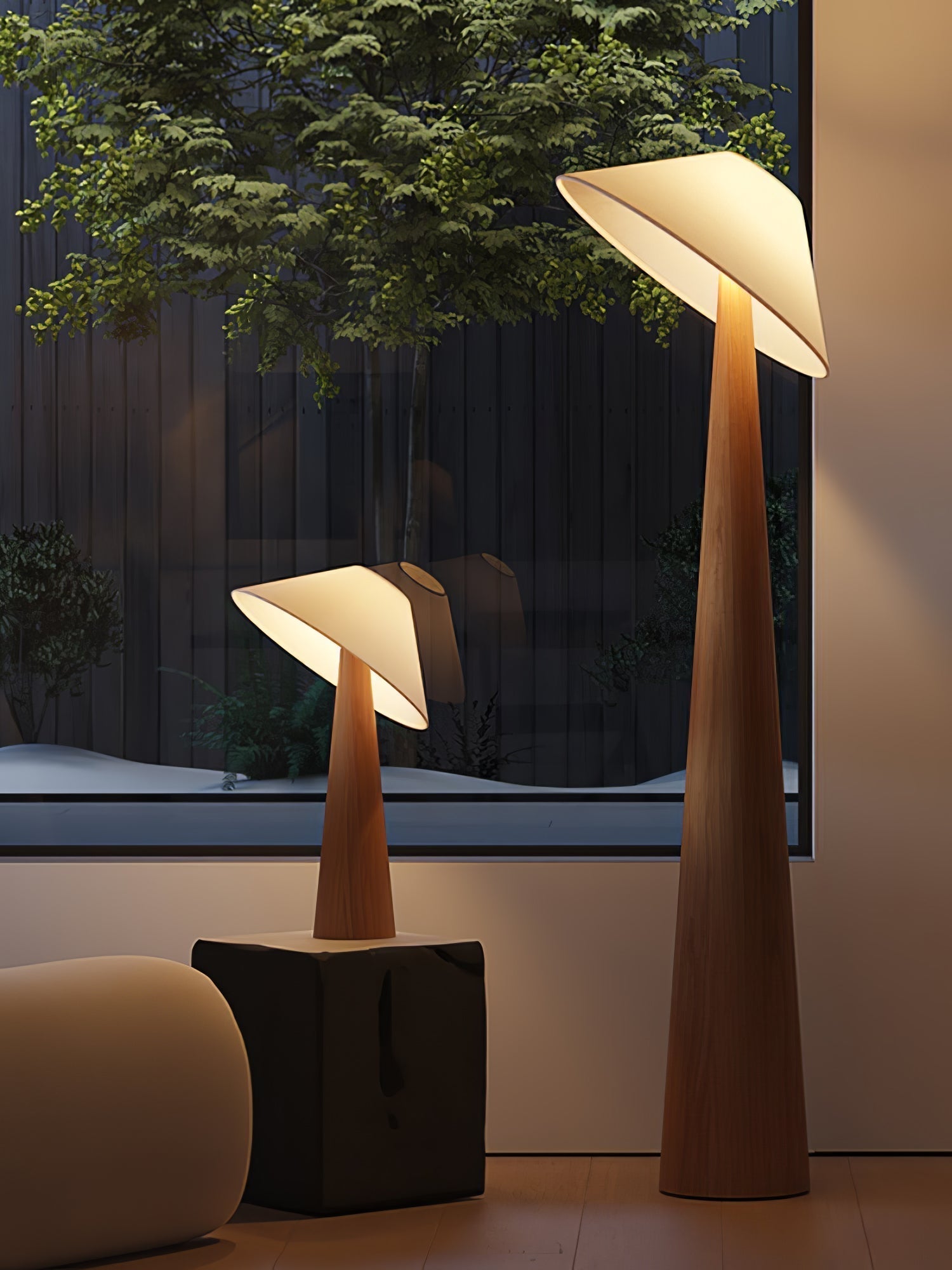 Tilt Hat Wooden Table Lamp with Conical Solid Wood Base and Triangular Fabric Shade for Modern Interiors