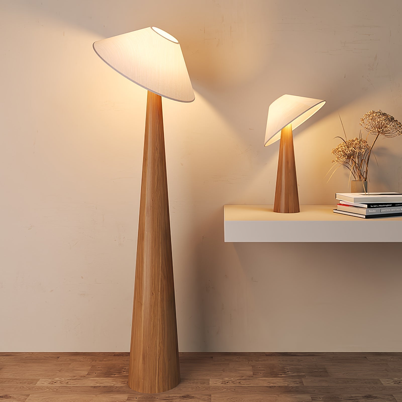 Tilt Hat Wooden Table Lamp with Conical Solid Wood Base and Triangular Fabric Shade for Modern Interiors