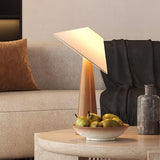 Tilt Hat Wooden Table Lamp with Conical Solid Wood Base and Triangular Fabric Shade for Modern Interiors