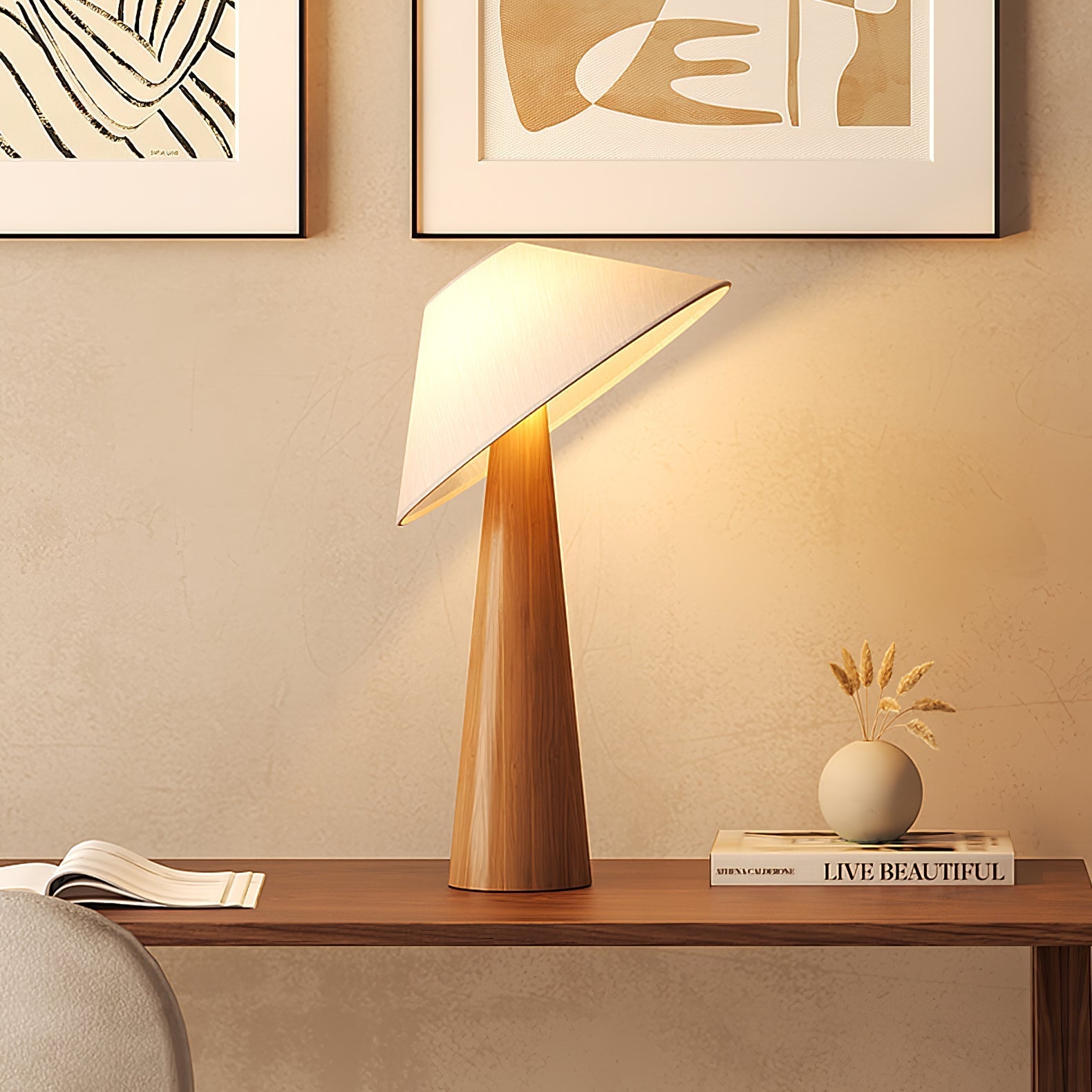 Tilt Hat Wooden Table Lamp with Conical Solid Wood Base and Triangular Fabric Shade for Modern Interiors