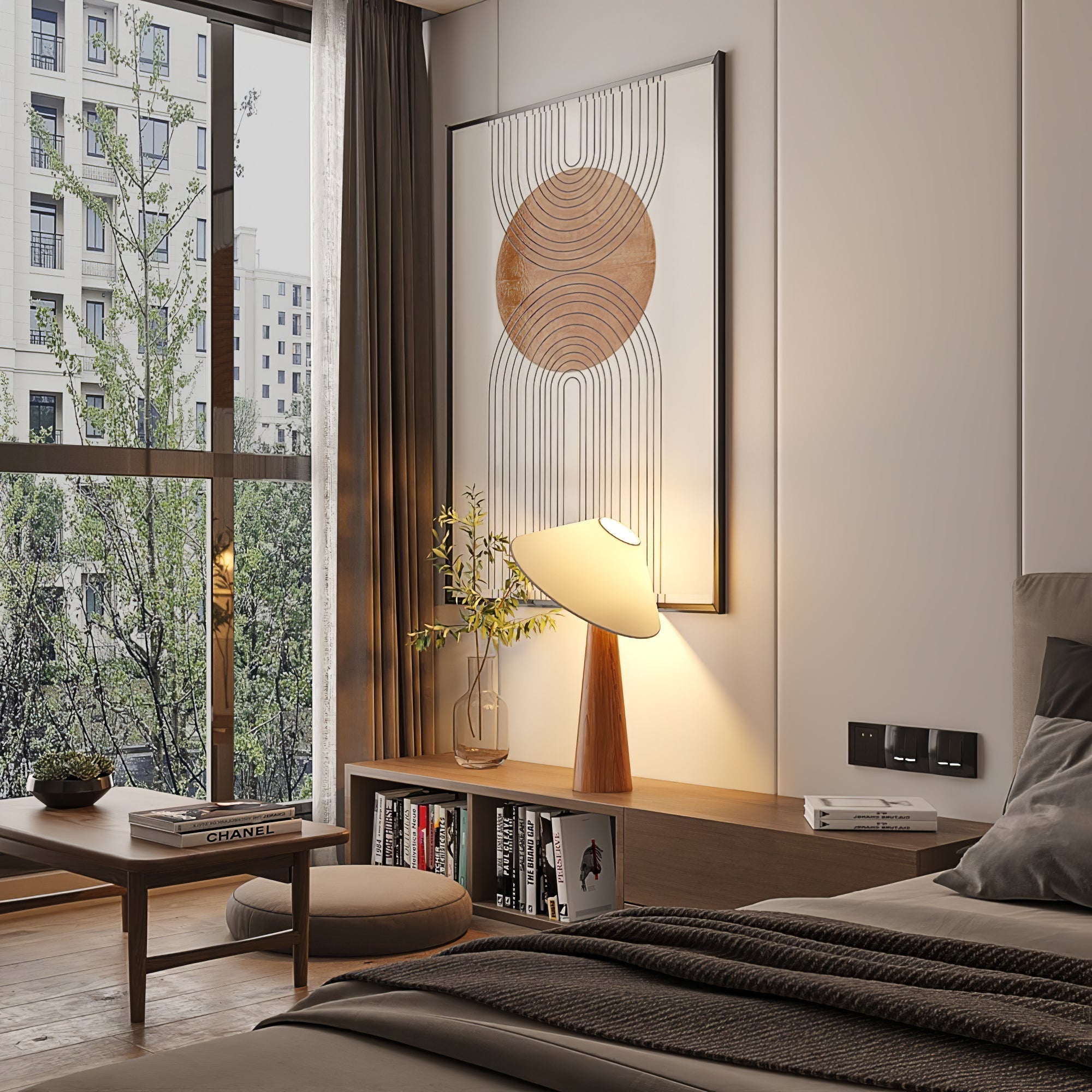 Tilt Hat Wooden Table Lamp with Conical Solid Wood Base and Triangular Fabric Shade for Modern Interiors