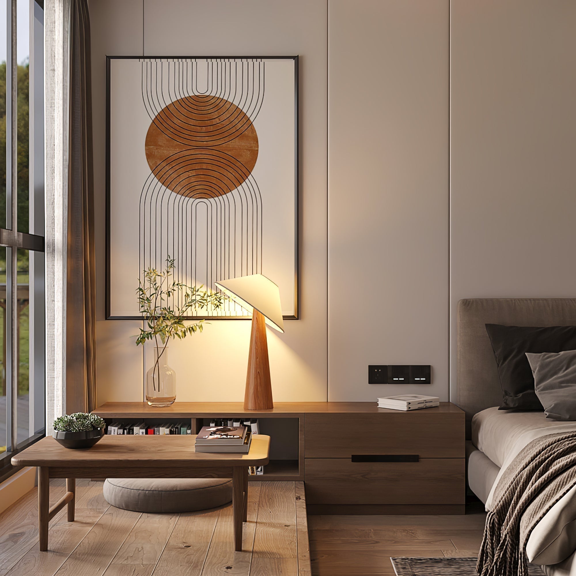 Tilt Hat Wooden Table Lamp with Conical Solid Wood Base and Triangular Fabric Shade for Modern Interiors