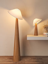 Tilt Hat Wooden Table Lamp with Conical Solid Wood Base and Triangular Fabric Shade for Modern Interiors