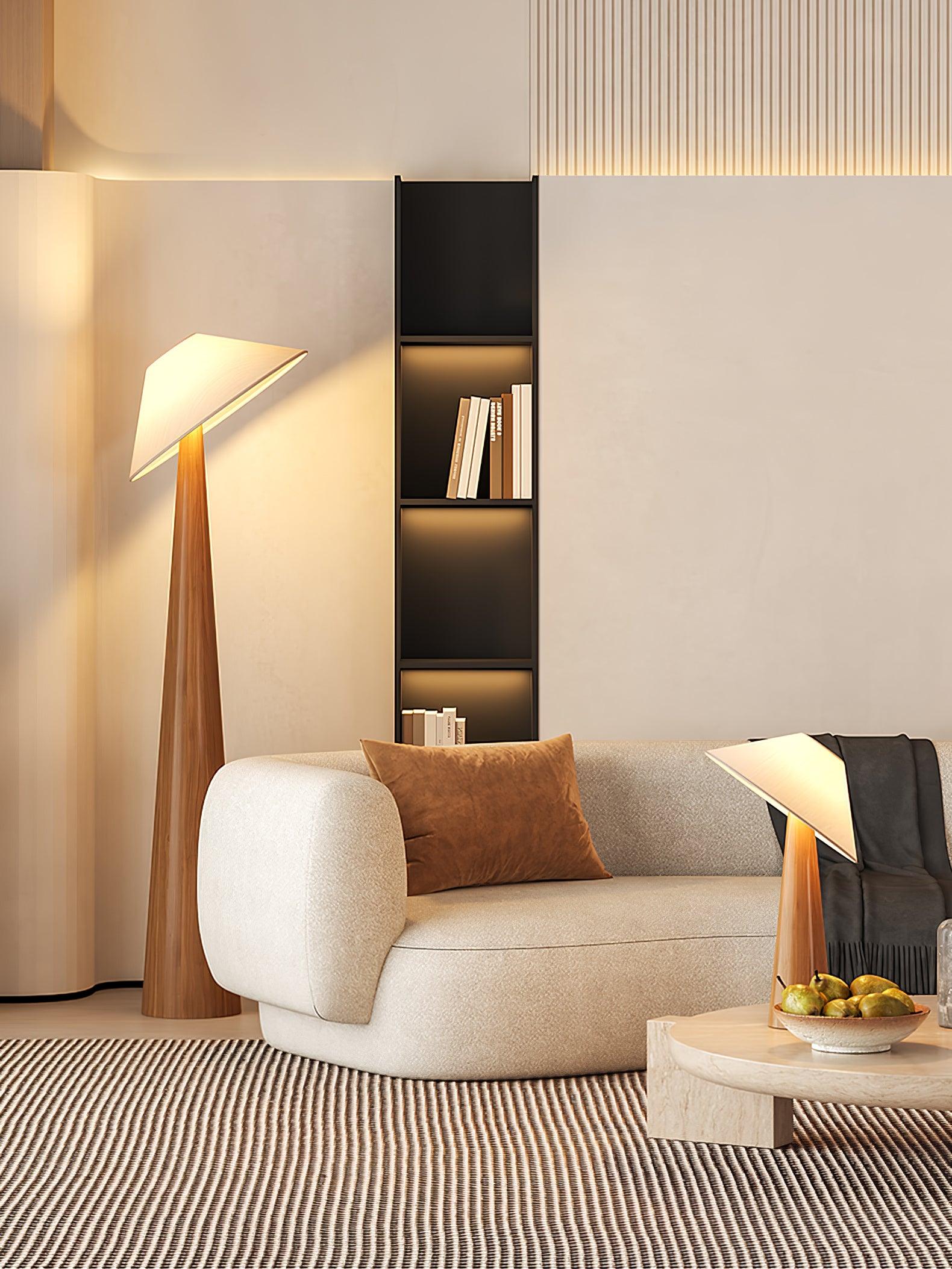 Modern Scandinavian Wooden Floor Lamp with Tilt Hat Fabric Shade Standing Light