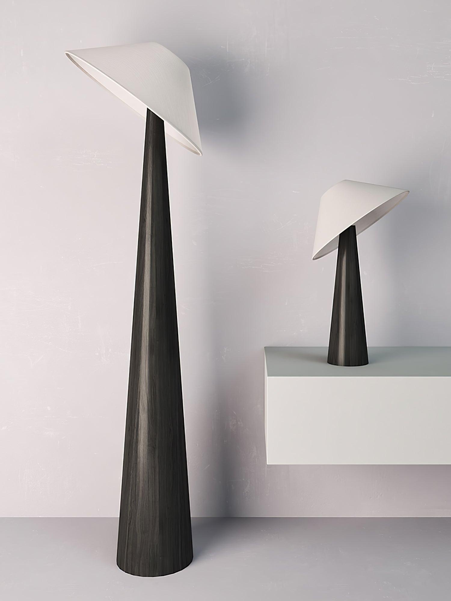 Tilt Hat Wooden Table Lamp with Conical Solid Wood Base and Triangular Fabric Shade for Modern Interiors