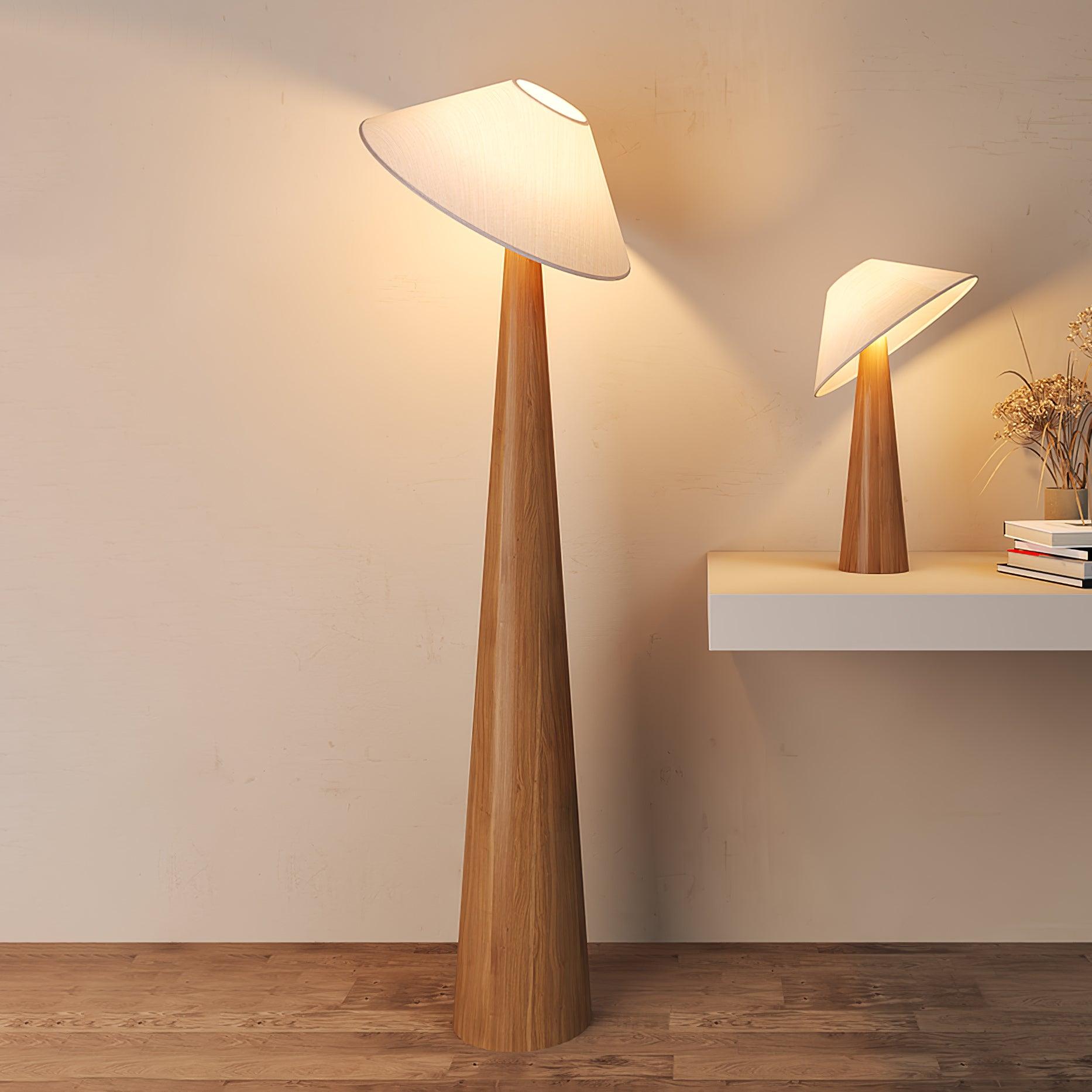 Modern Scandinavian Wooden Floor Lamp with Tilt Hat Fabric Shade Standing Light