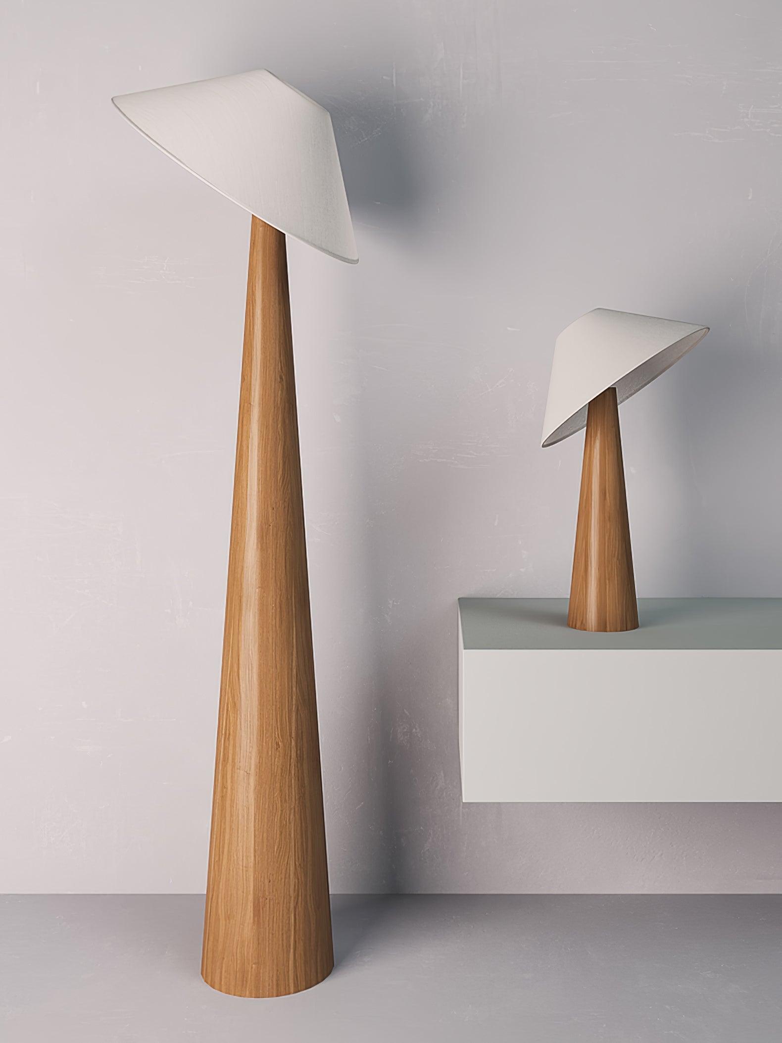Tilt Hat Wooden Table Lamp with Conical Solid Wood Base and Triangular Fabric Shade for Modern Interiors