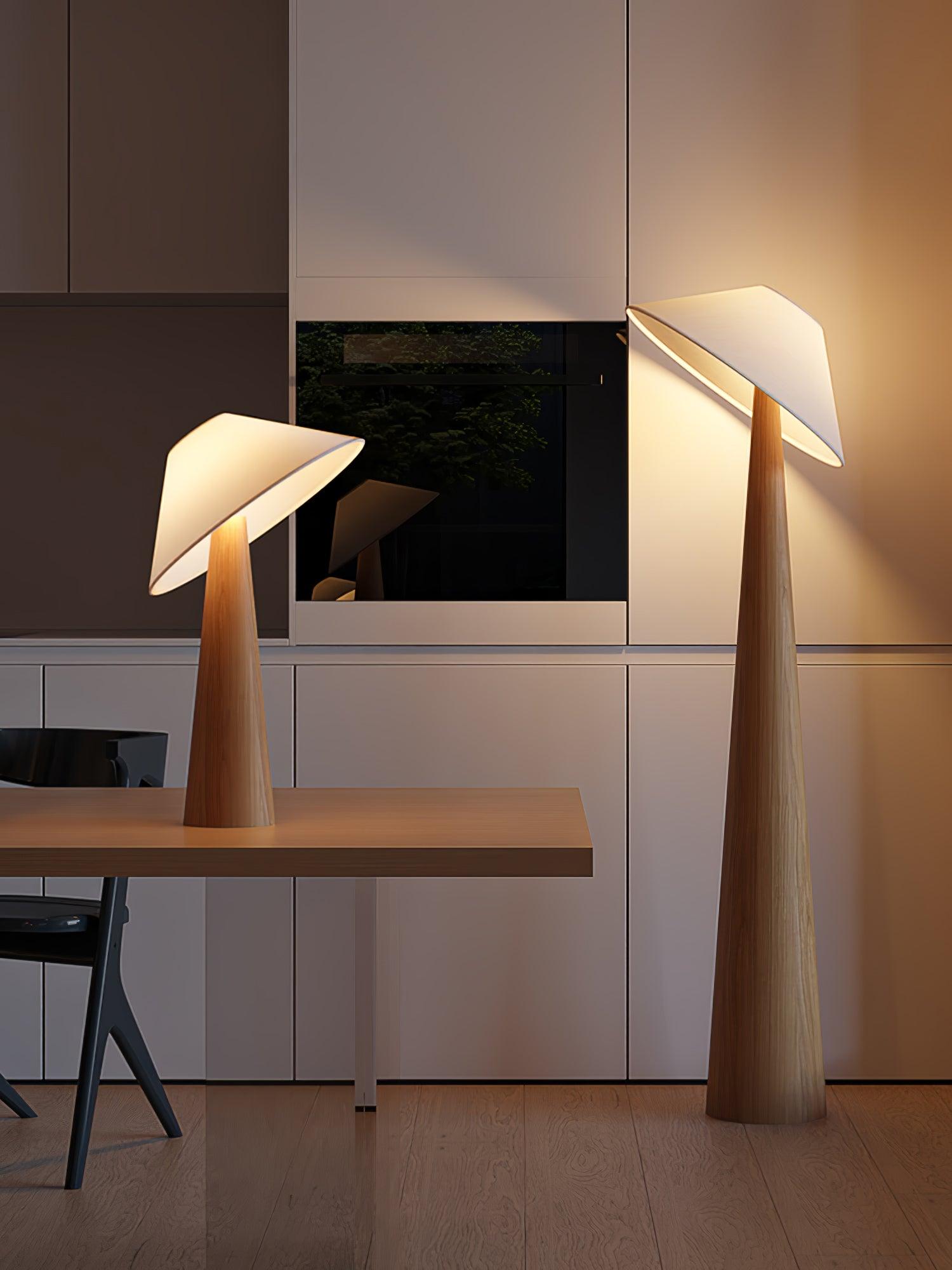 Tilt Hat Wooden Table Lamp with Conical Solid Wood Base and Triangular Fabric Shade for Modern Interiors