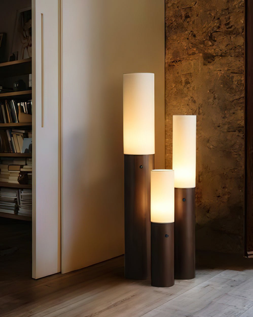 Minimalist Wood Column Standing Floor Lamp with Tall Fabric Shade and LED Light