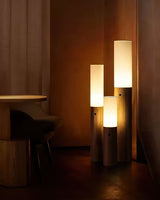 Minimalist Wood Column Standing Floor Lamp with Tall Fabric Shade and LED Light