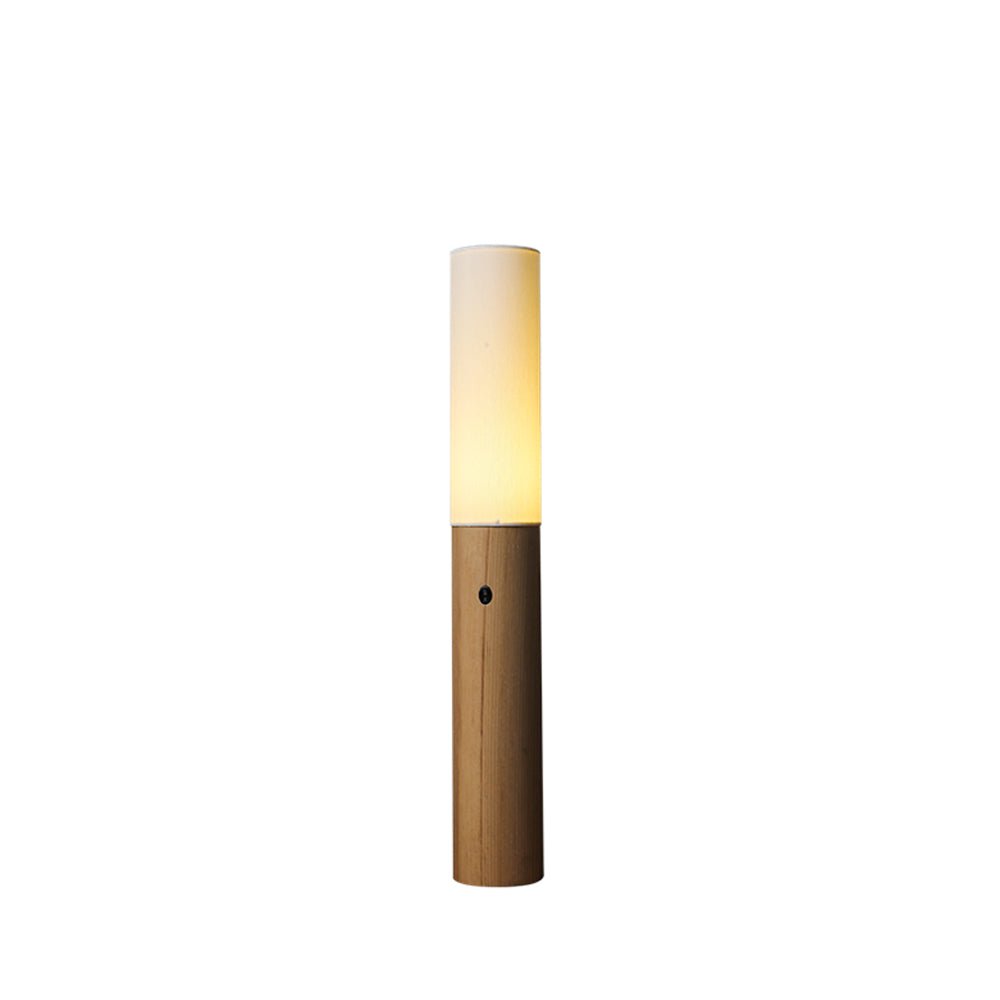 Minimalist Wood Column Standing Floor Lamp with Tall Fabric Shade and LED Light