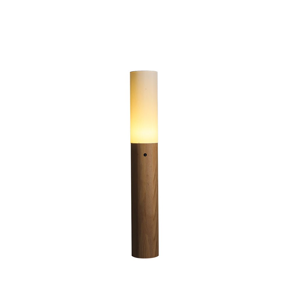 Minimalist Wood Column Standing Floor Lamp with Tall Fabric Shade and LED Light
