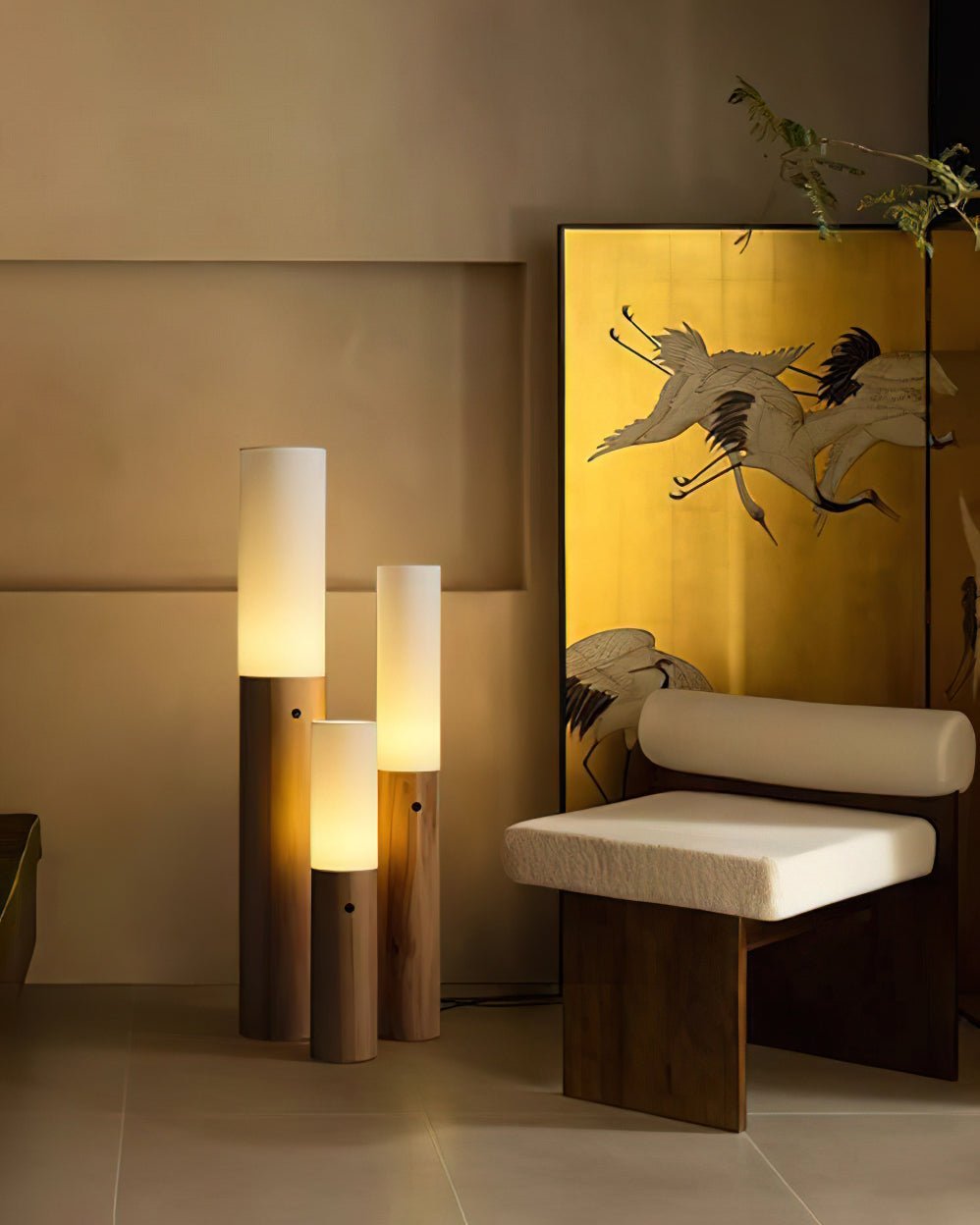 Minimalist Wood Column Standing Floor Lamp with Tall Fabric Shade and LED Light