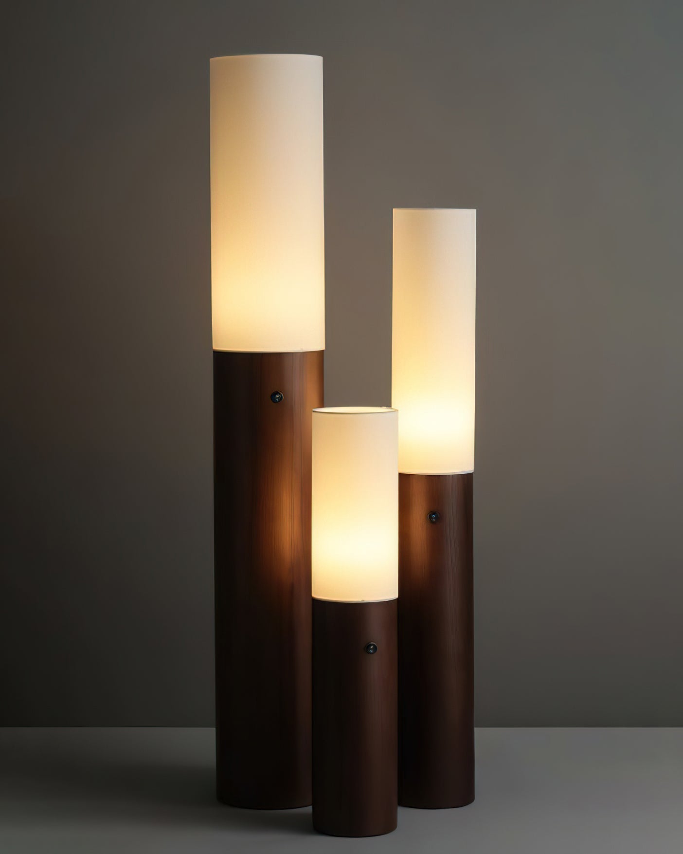 Minimalist Wood Column Standing Floor Lamp with Tall Fabric Shade and LED Light