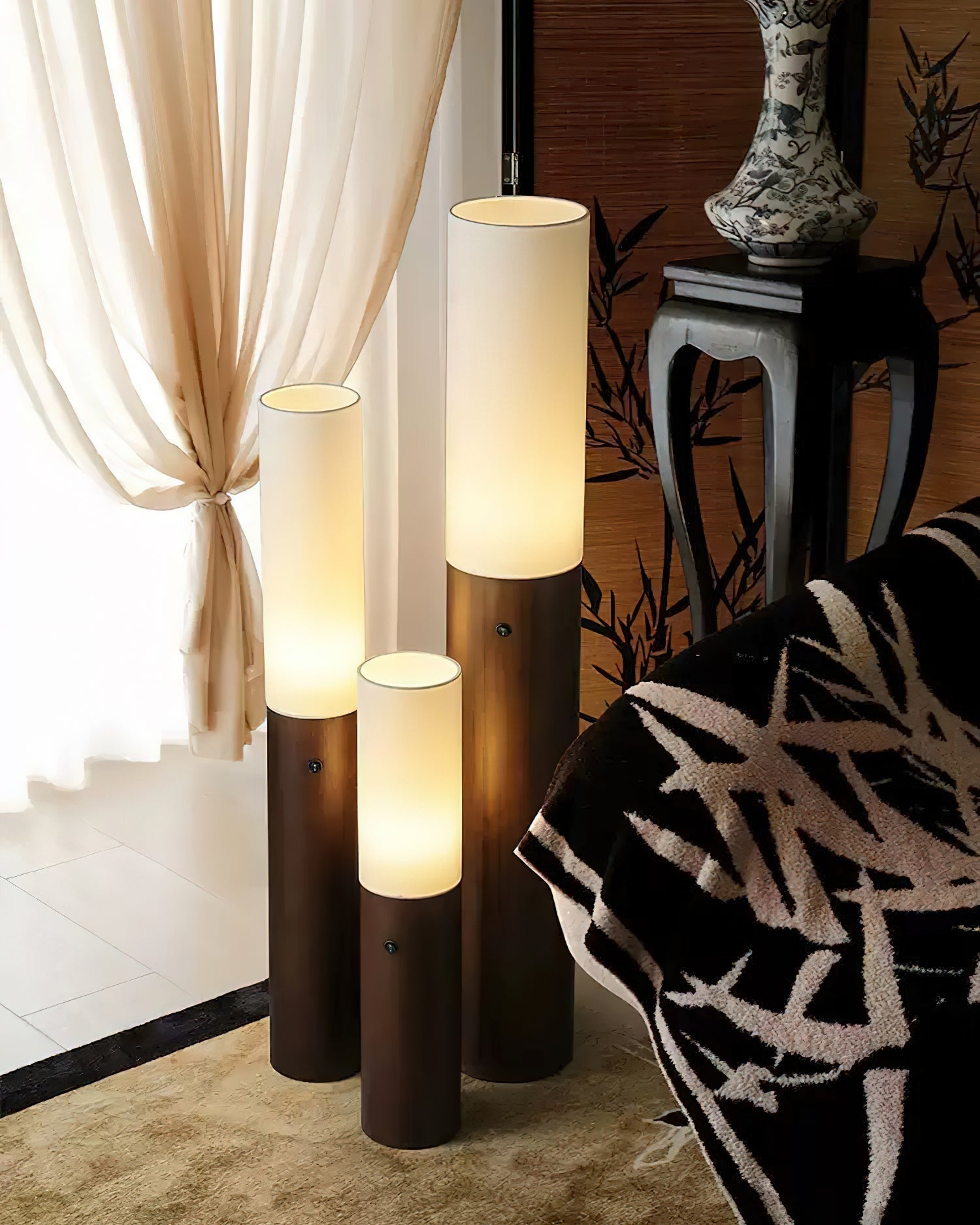 Minimalist Wood Column Standing Floor Lamp with Tall Fabric Shade and LED Light