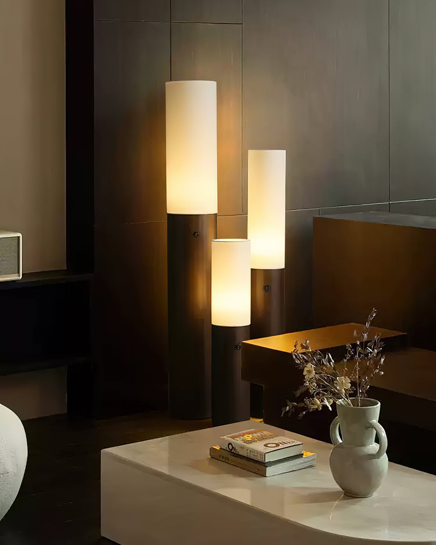 Minimalist Wood Column Standing Floor Lamp with Tall Fabric Shade and LED Light
