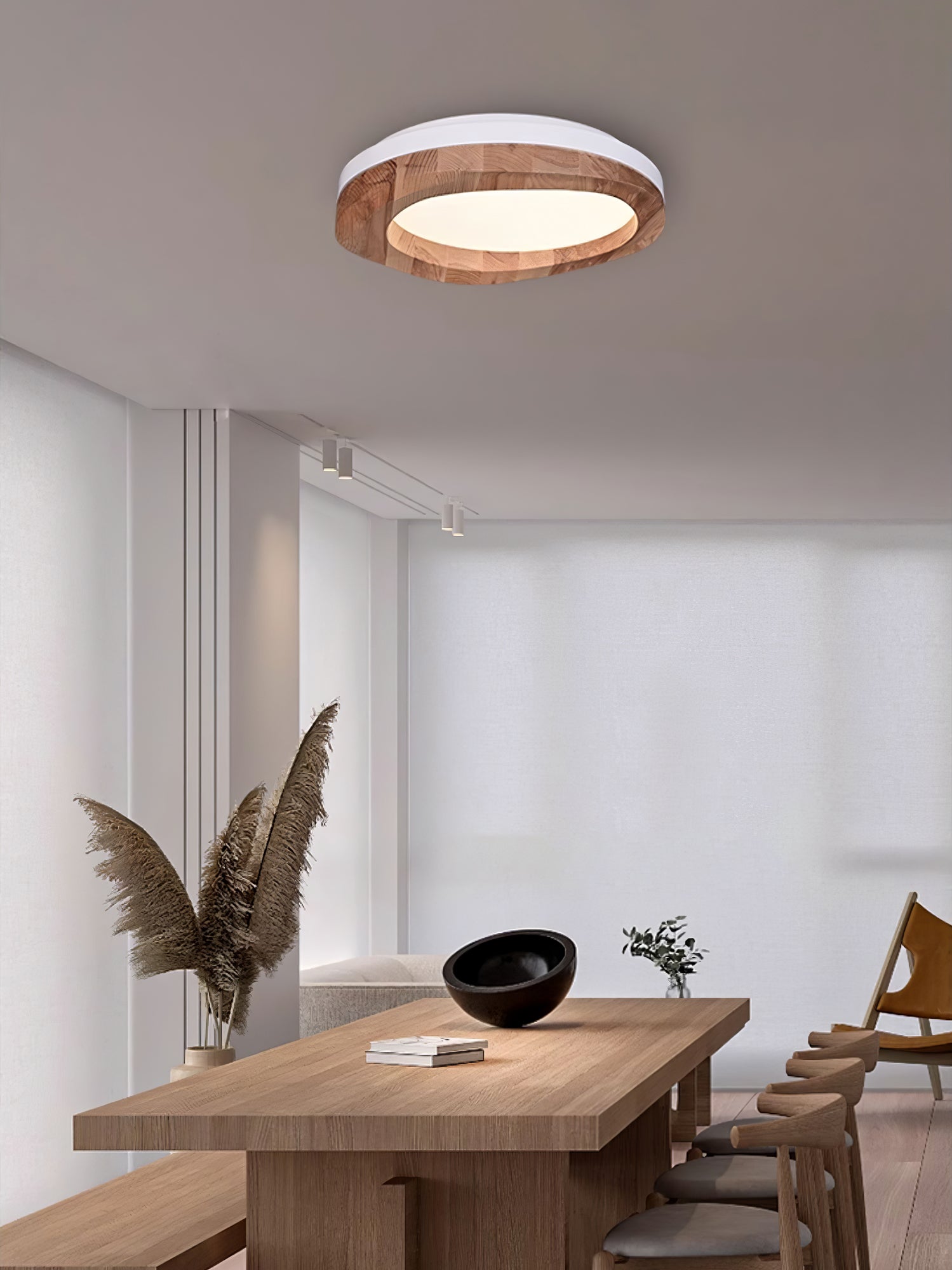 Timber Round Wood Ceiling Lamp Modern LED Flush Mount Light Fixture for Living Room and Bedroom