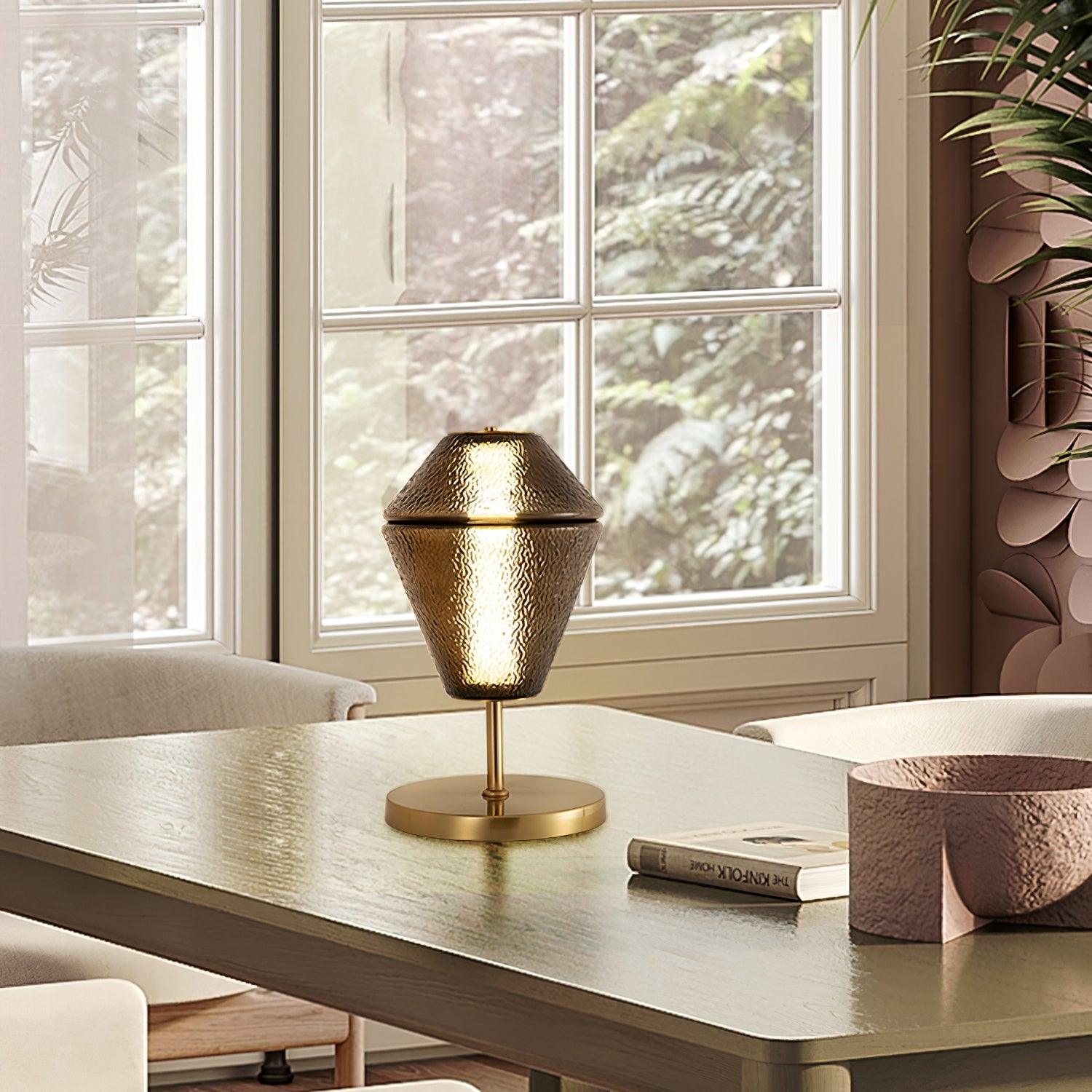 Modern Ribbed Totem Glass Table Lamp with Gold Base for Bedside or Living Room Integrated LED Light