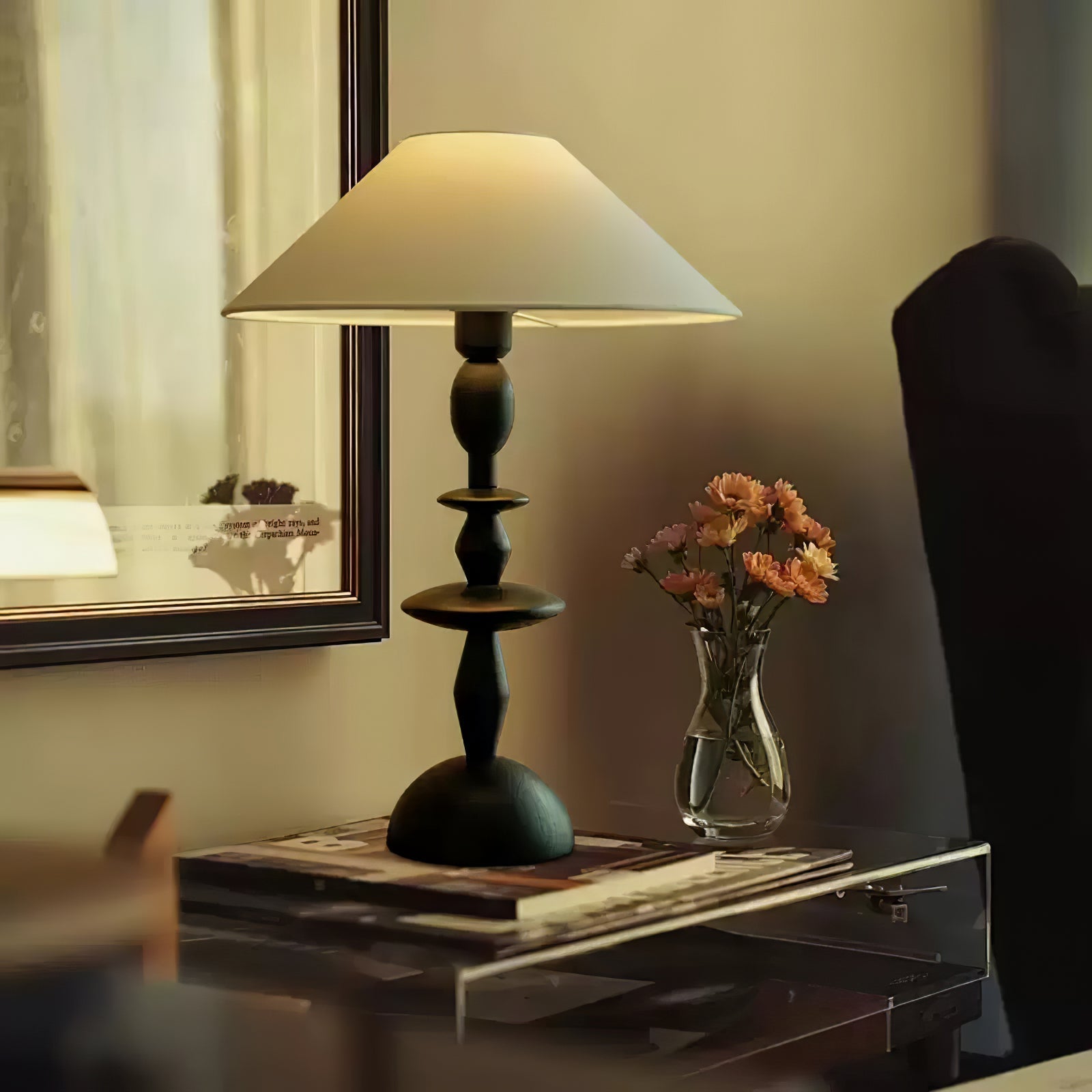 Tournage Sculptural Oak Wood Desk Lamp with White Linen Shade for Bedside Lighting