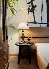 Tournage Sculptural Oak Wood Desk Lamp with White Linen Shade for Bedside Lighting