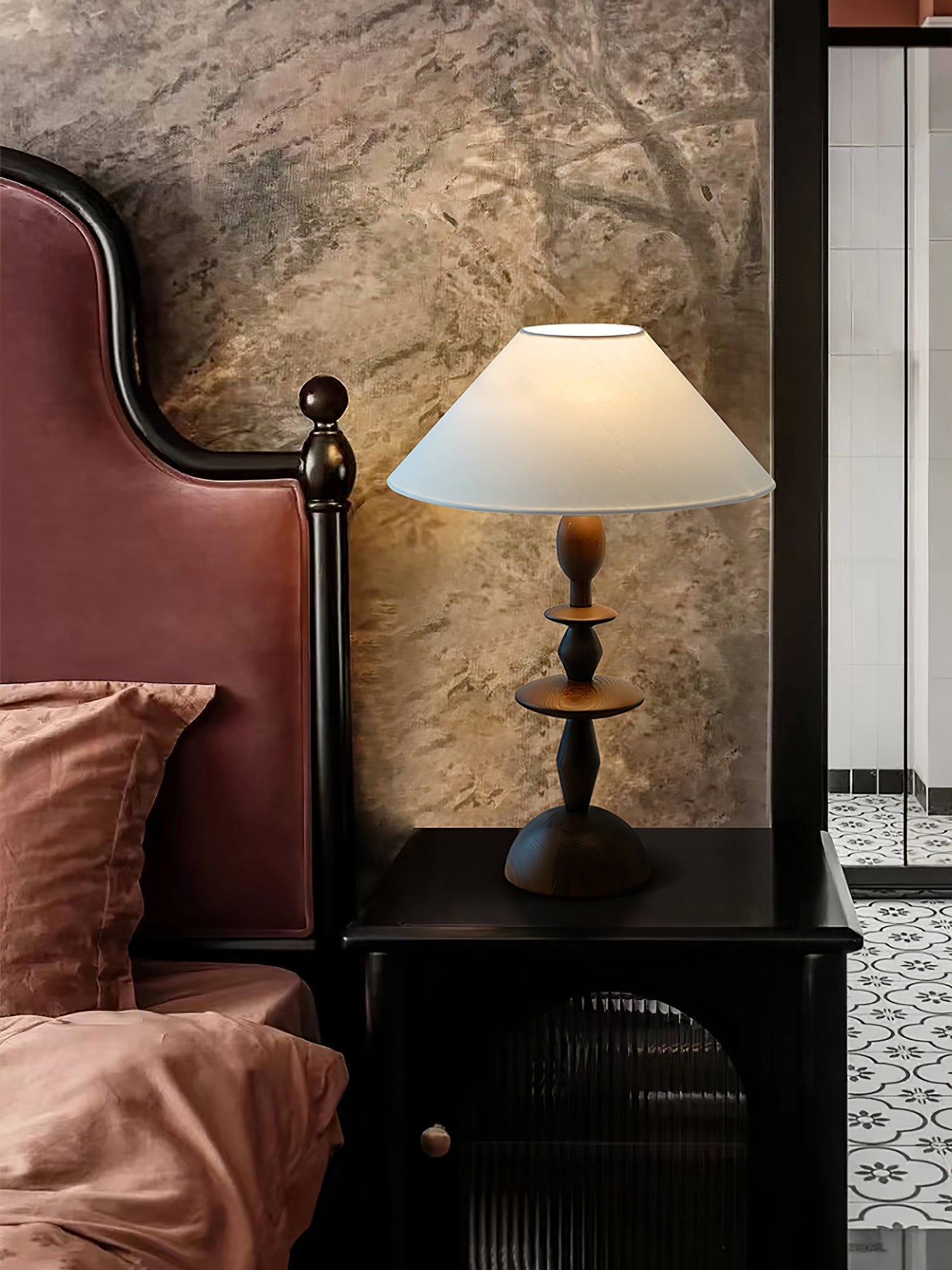 Tournage Sculptural Oak Wood Desk Lamp with White Linen Shade for Bedside Lighting