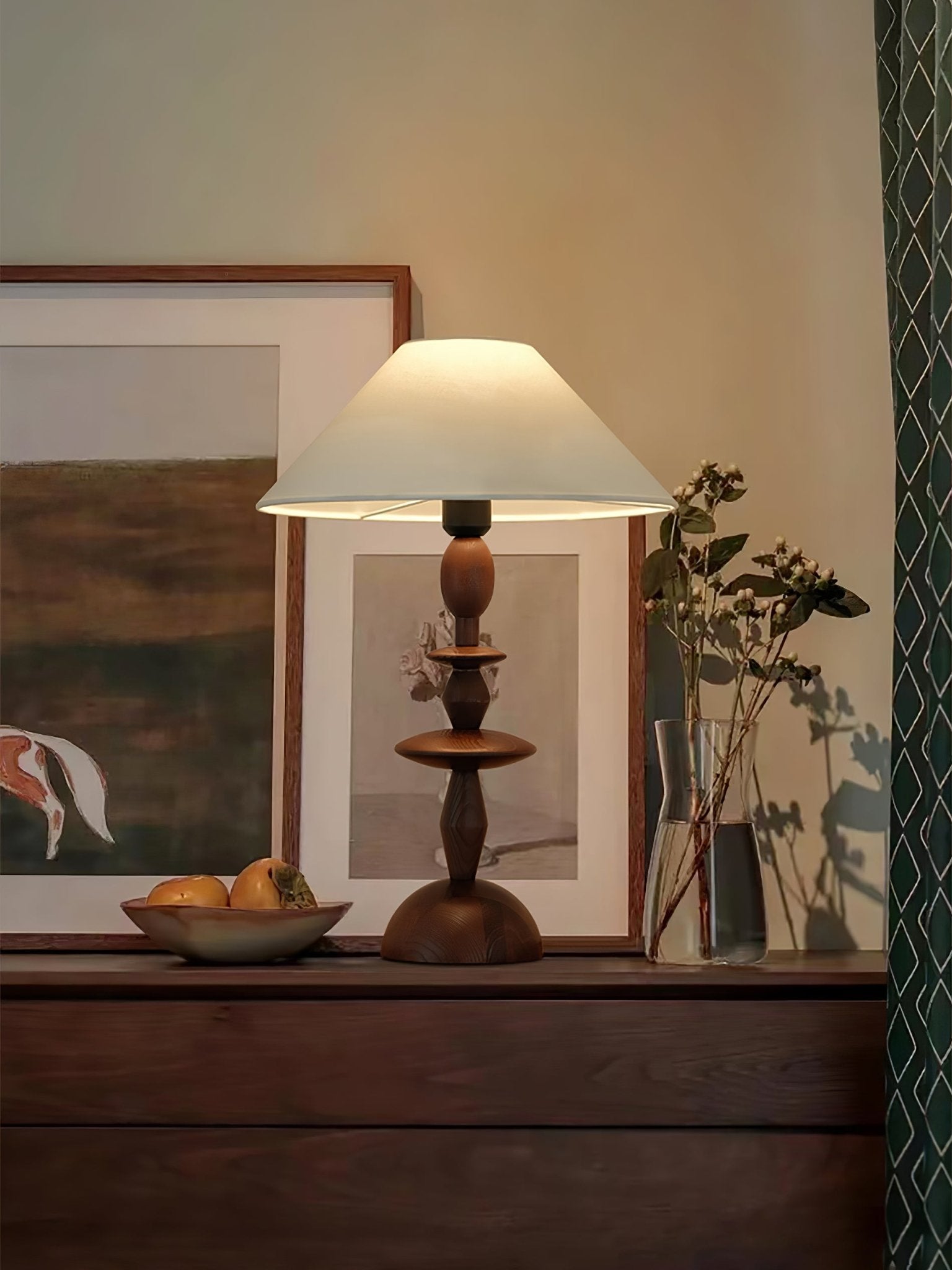 Tournage Sculptural Oak Wood Desk Lamp with White Linen Shade for Bedside Lighting