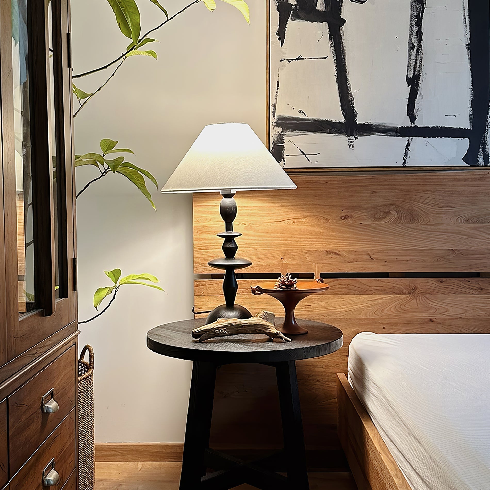 Tournage Sculptural Oak Wood Desk Lamp with White Linen Shade for Bedside Lighting