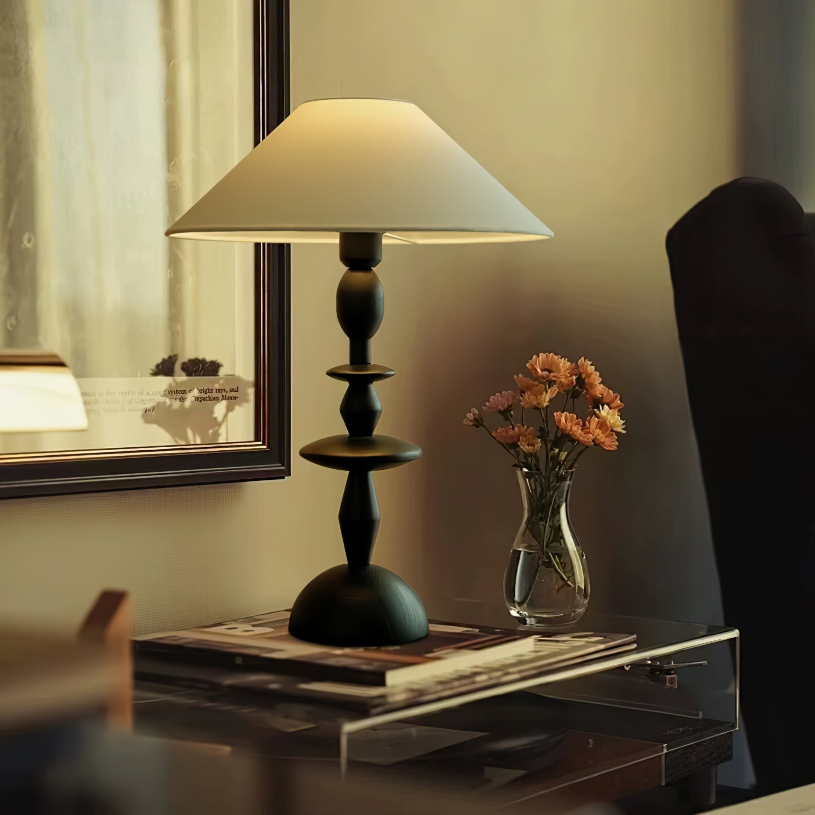 Tournage Sculptural Oak Wood Desk Lamp with White Linen Shade for Bedside Lighting