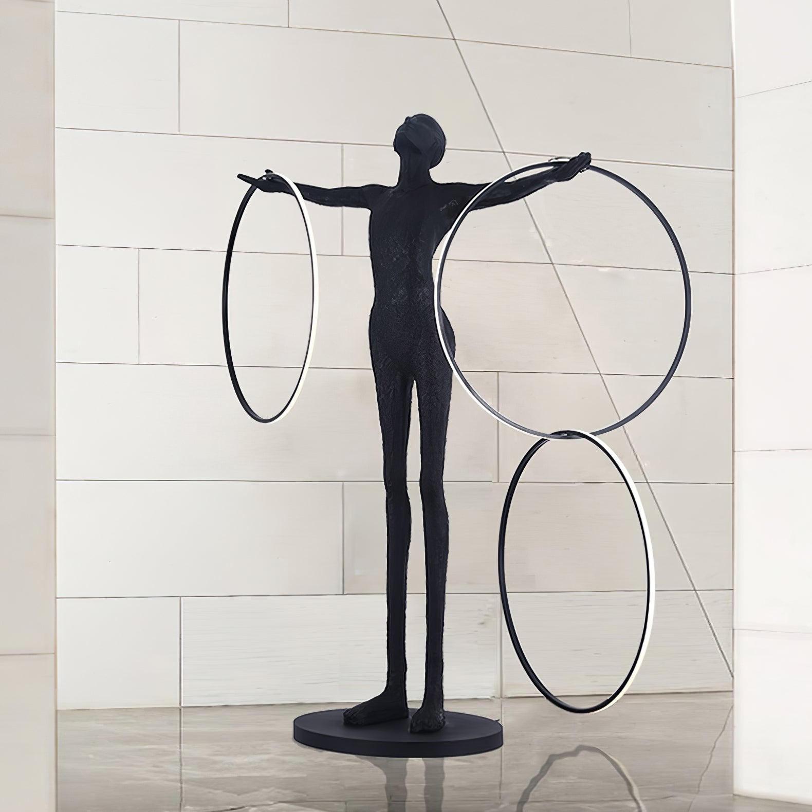 Modern Abstract Figurative Floor Lamp with Triple LED Rings Art Sculpture Standing Light