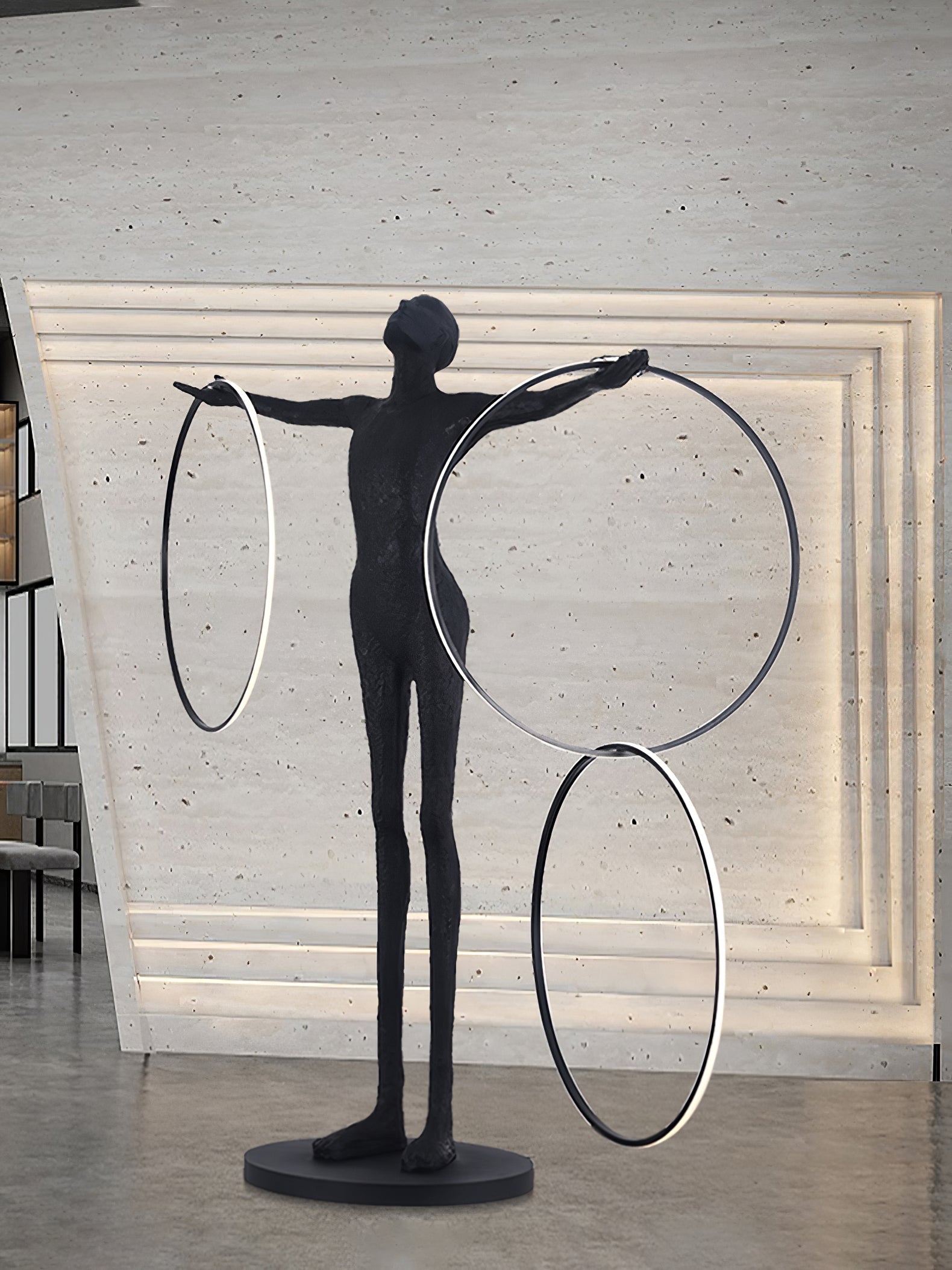 Modern Abstract Figurative Floor Lamp with Triple LED Rings Art Sculpture Standing Light