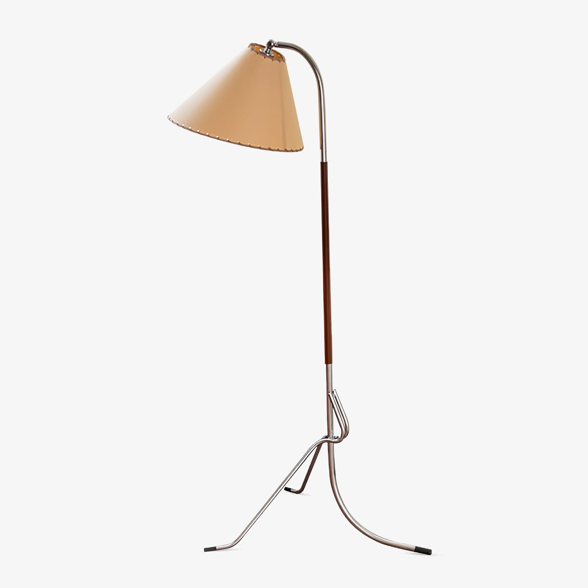 Modern Tripod Arc Floor Lamp with Walnut Wood Base and Fabric Conical Shade for Living Room