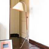 Modern Tripod Arc Floor Lamp with Walnut Wood Base and Fabric Conical Shade for Living Room