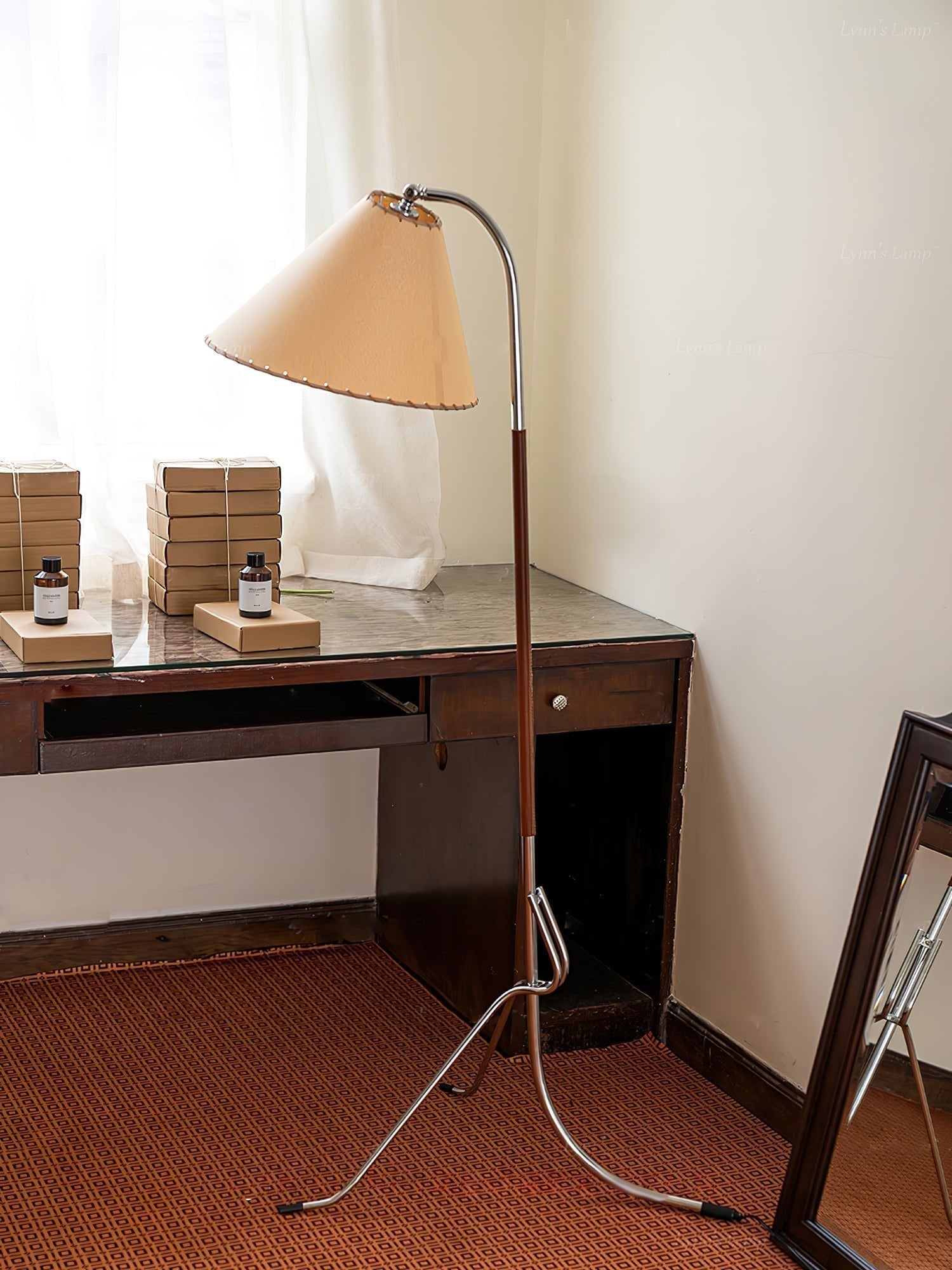 Modern Tripod Arc Floor Lamp with Walnut Wood Base and Fabric Conical Shade for Living Room