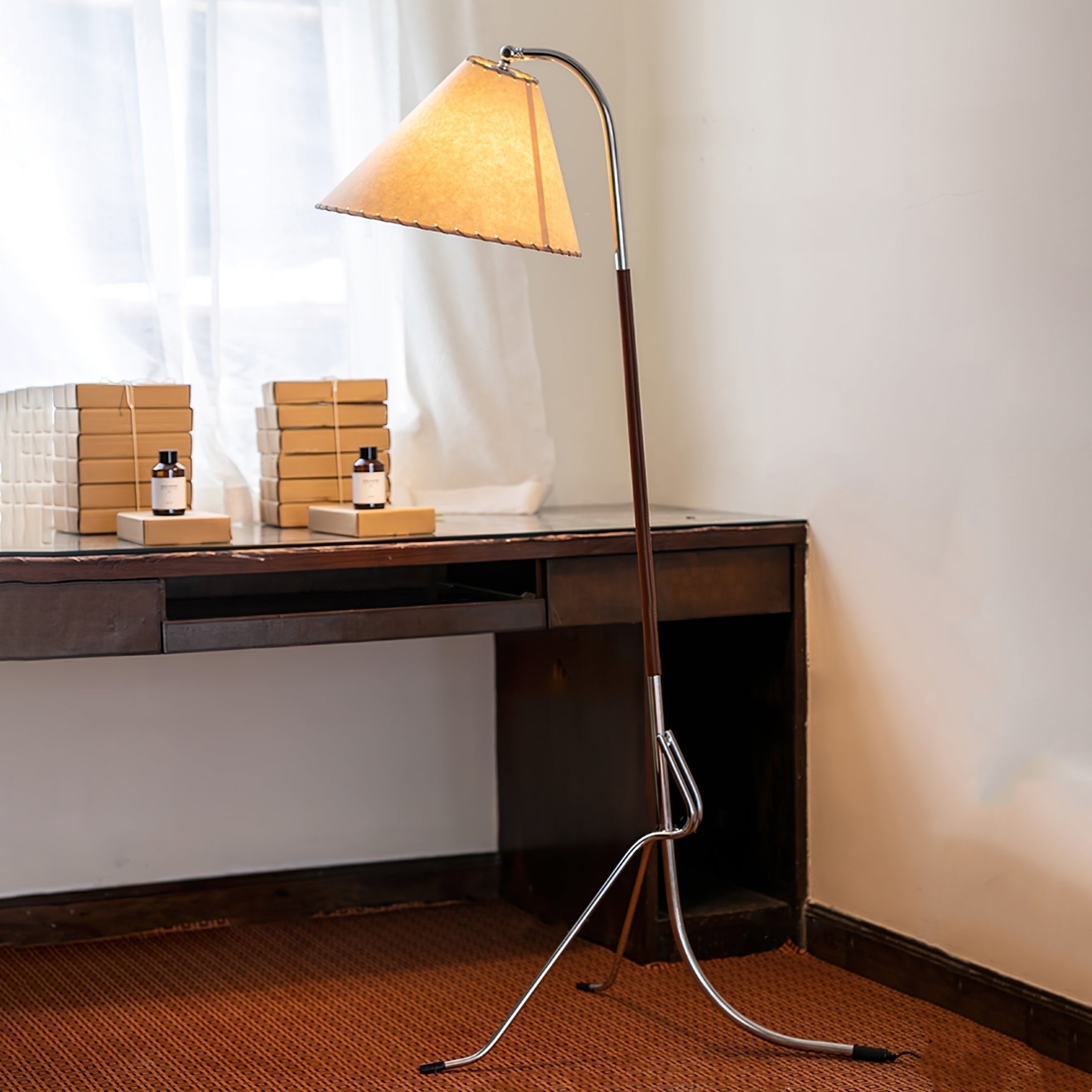Modern Tripod Arc Floor Lamp with Walnut Wood Base and Fabric Conical Shade for Living Room