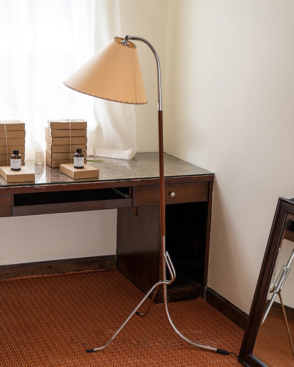 Modern Tripod Arc Floor Lamp with Walnut Wood Base and Fabric Conical Shade for Living Room