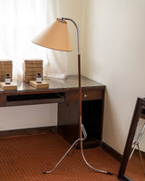 Modern Tripod Arc Floor Lamp with Walnut Wood Base and Fabric Conical Shade for Living Room