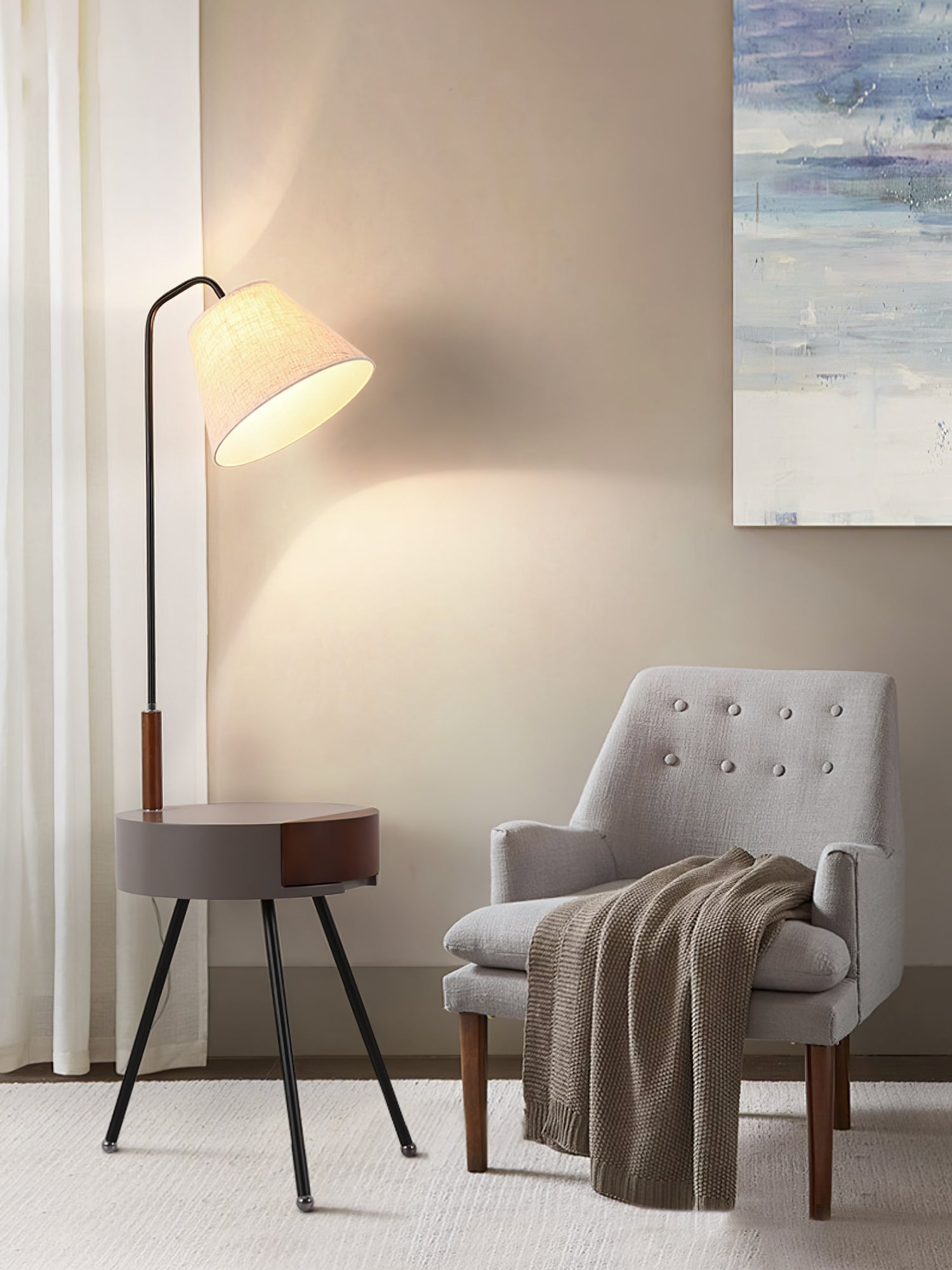 Nordic Wood Tripod Floor Lamp with White Linen Shade for Modern Living Rooms