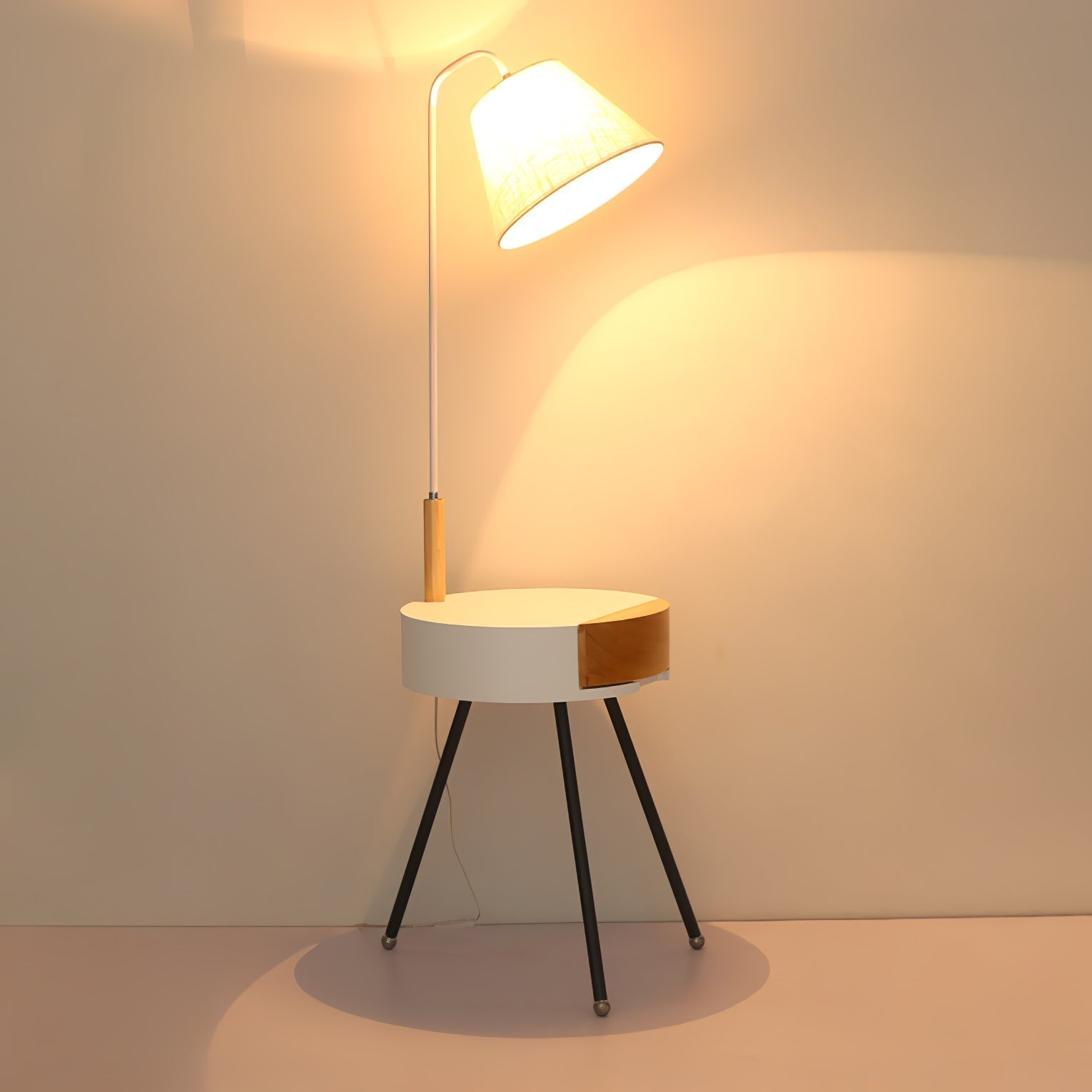 Nordic Wood Tripod Floor Lamp with White Linen Shade for Modern Living Rooms
