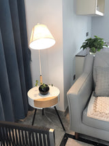 Nordic Wood Tripod Floor Lamp with White Linen Shade for Modern Living Rooms