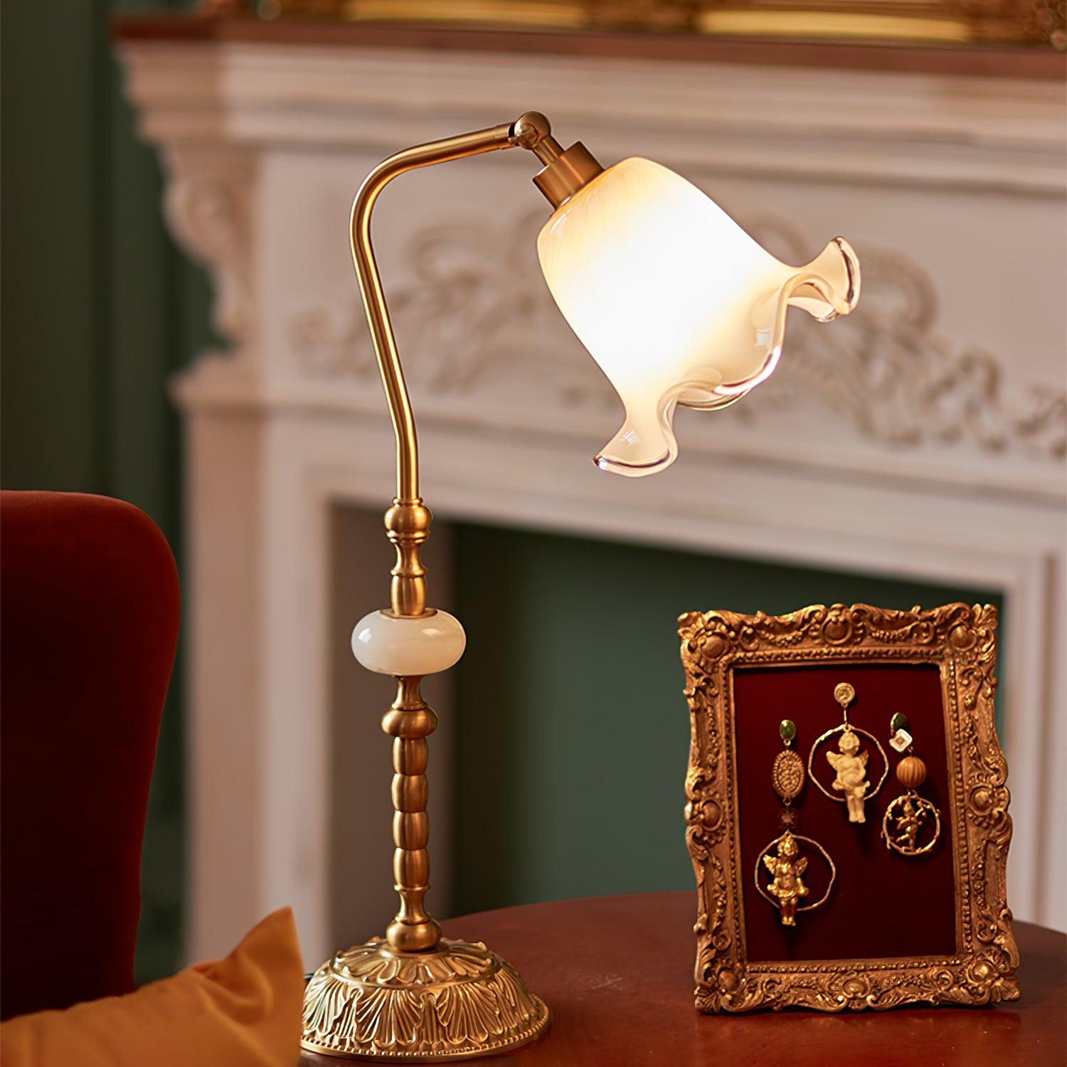 Elegant Tulip Brass Table Lamp with White Glass Shade for Bedside and Office