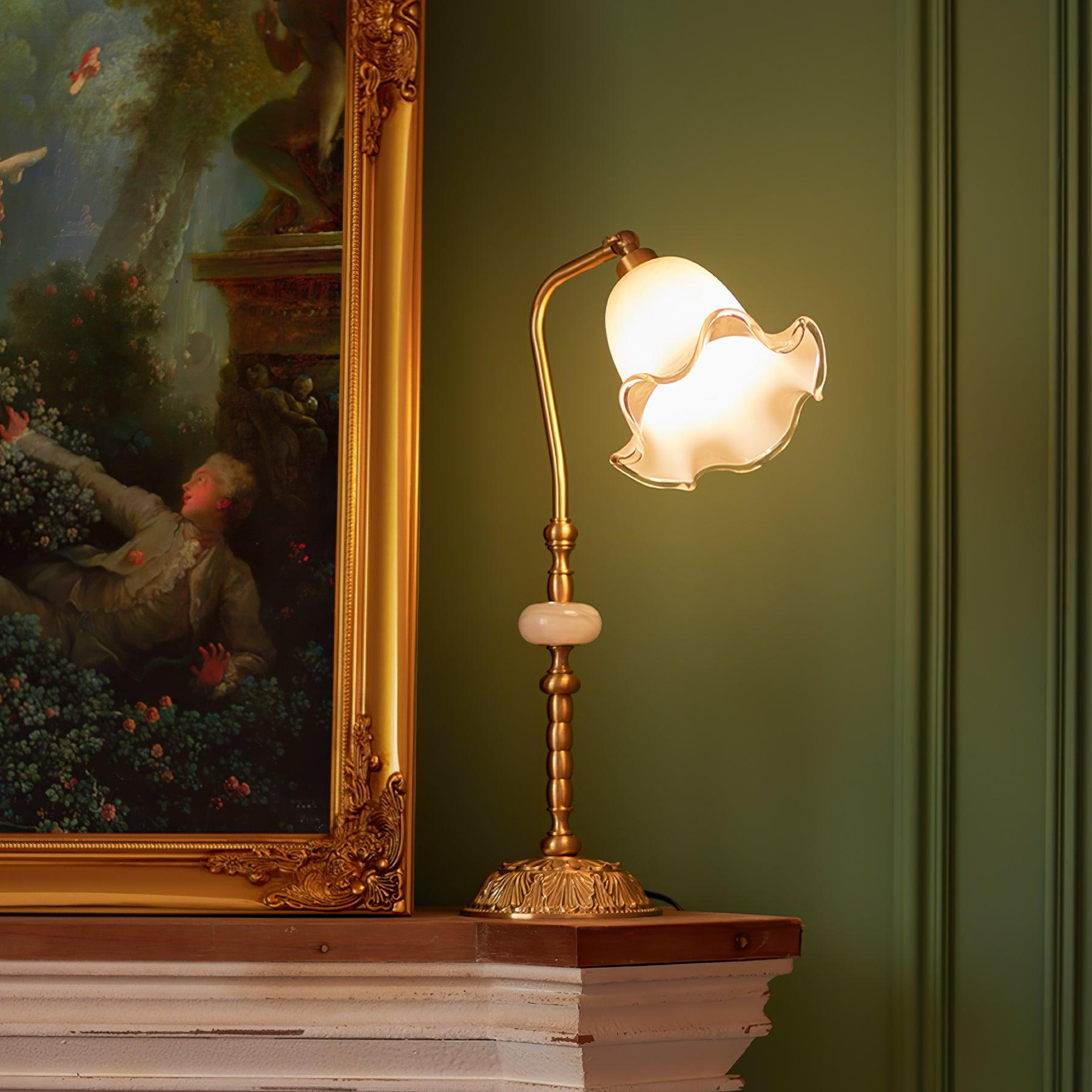 Elegant Tulip Brass Table Lamp with White Glass Shade for Bedside and Office