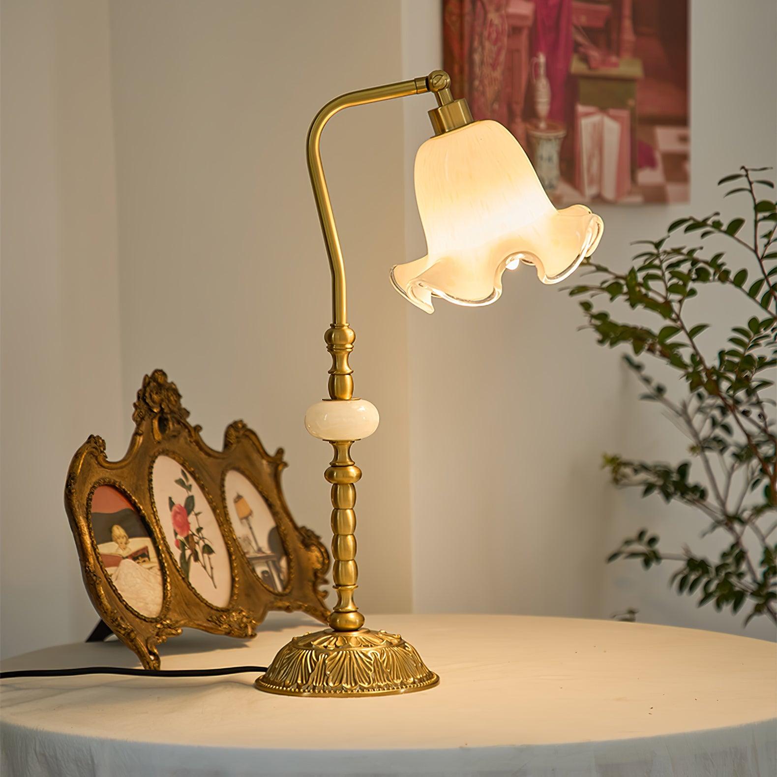 Elegant Tulip Brass Table Lamp with White Glass Shade for Bedside and Office