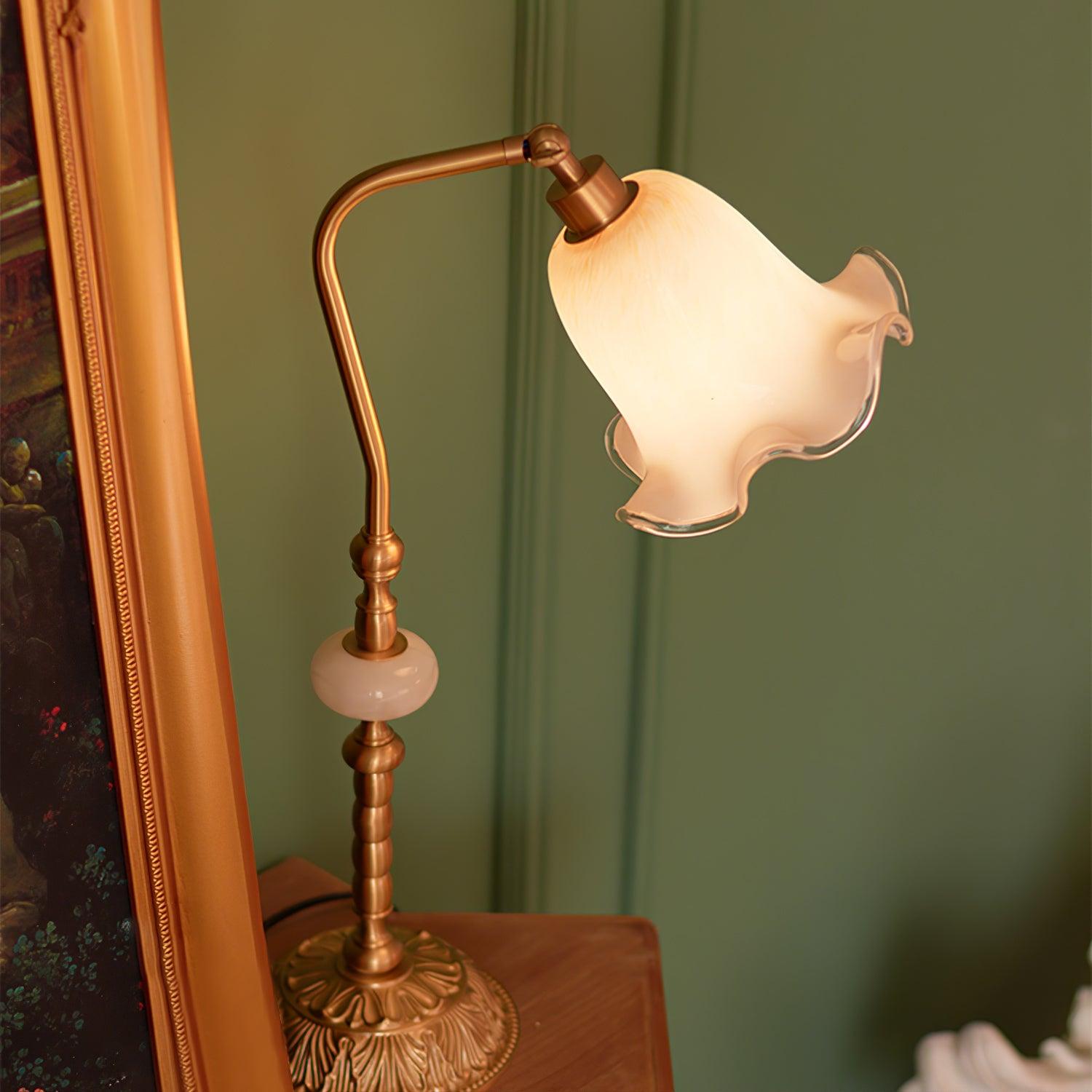 Elegant Tulip Brass Table Lamp with White Glass Shade for Bedside and Office