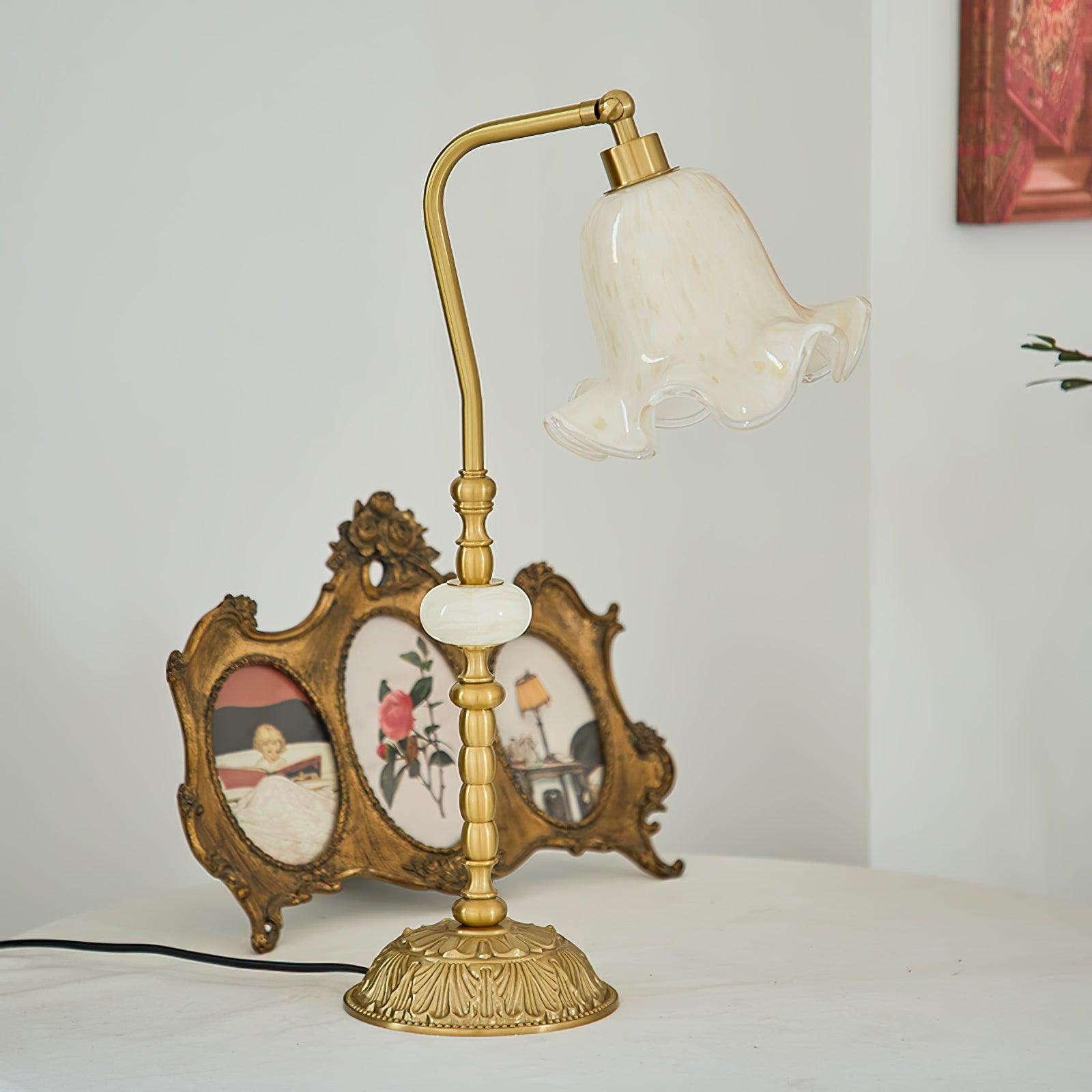 Elegant Tulip Brass Table Lamp with White Glass Shade for Bedside and Office