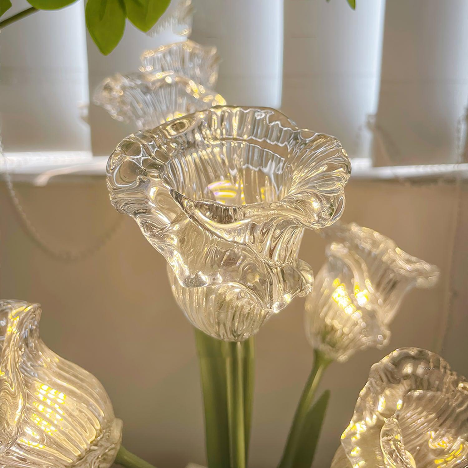 Elegant Glass Tulip Flower Table Lamp Decorative Floral Bedside Night Light for Home Living Room Decor
