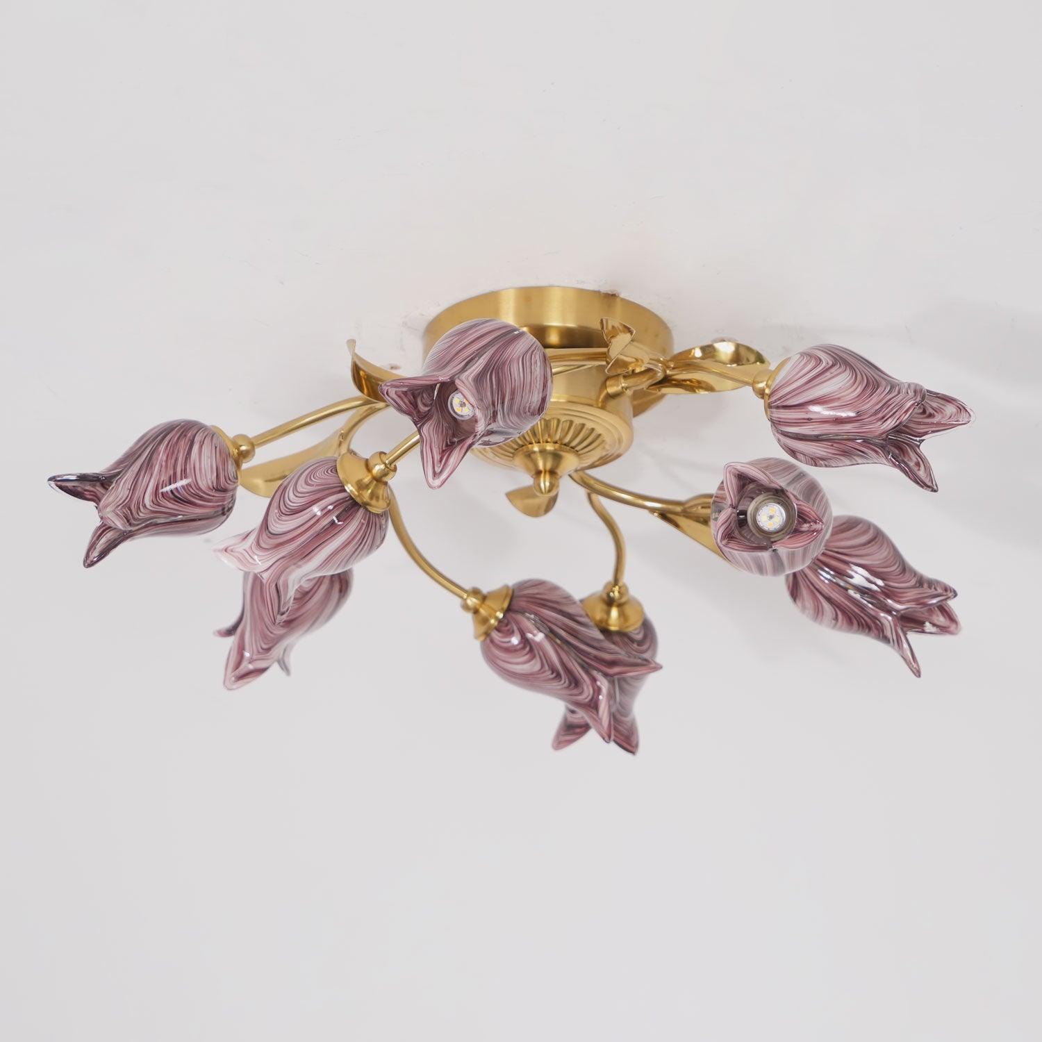 Elegant Purple Tulip Glass Flush Mount Ceiling Light with Gold Metal Finish and Floral Design