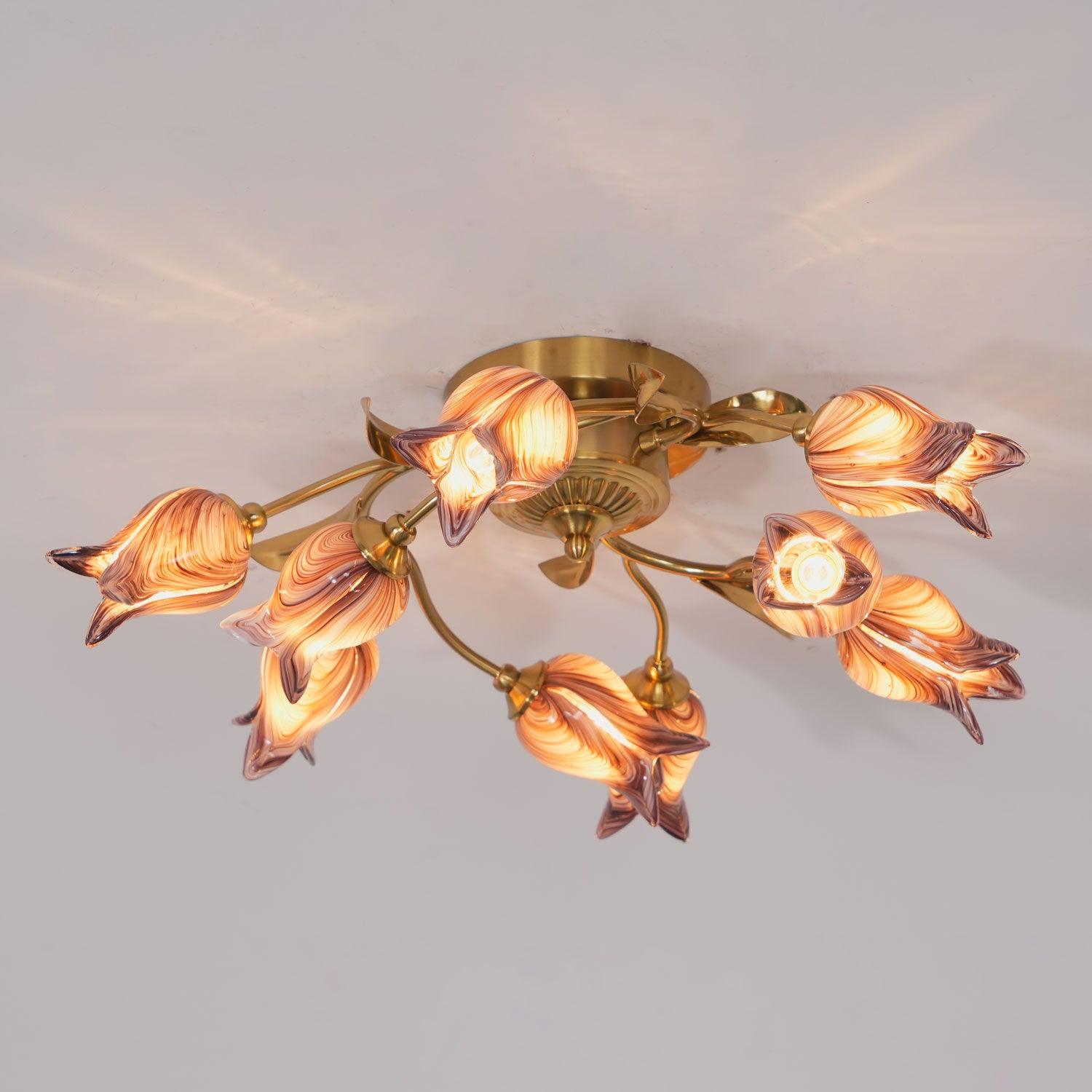 Elegant Purple Tulip Glass Flush Mount Ceiling Light with Gold Metal Finish and Floral Design