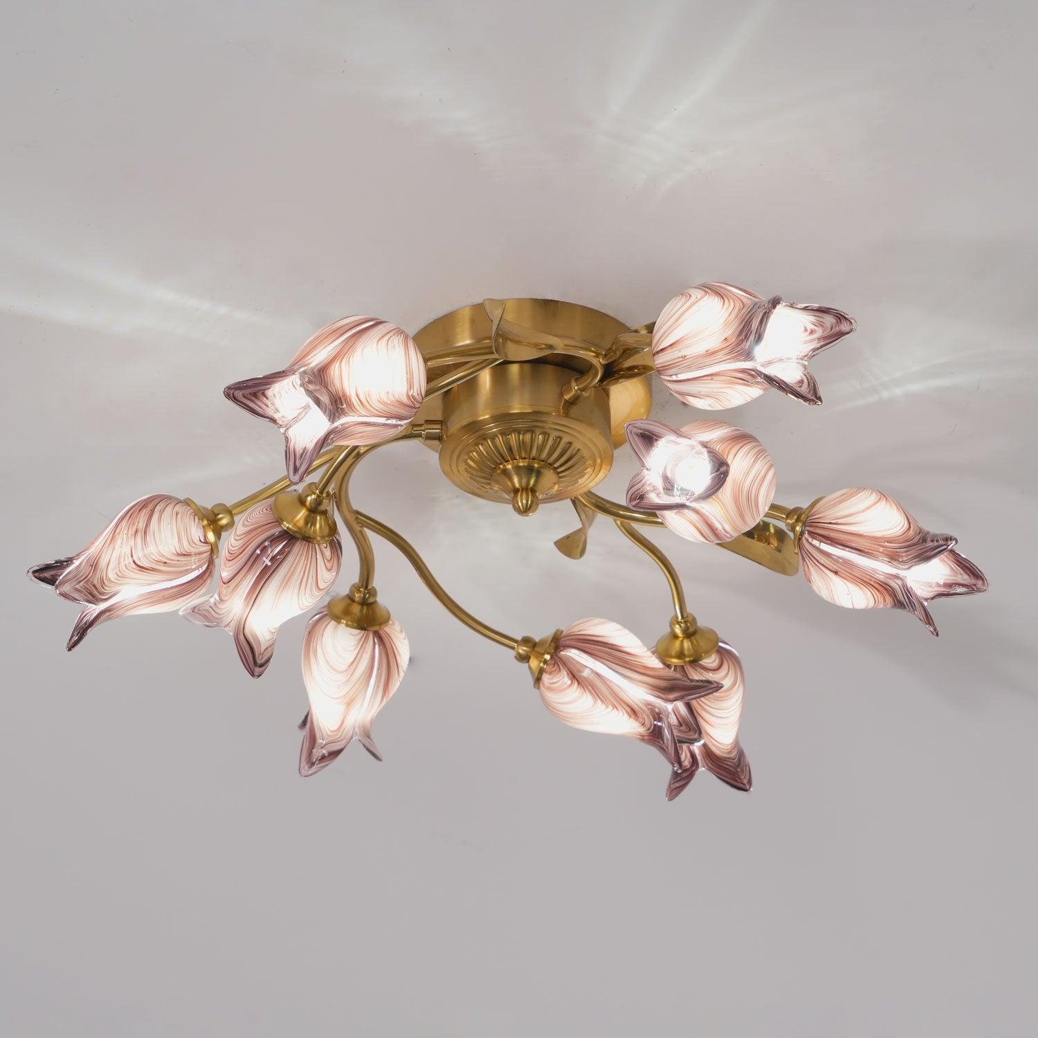 Elegant Purple Tulip Glass Flush Mount Ceiling Light with Gold Metal Finish and Floral Design