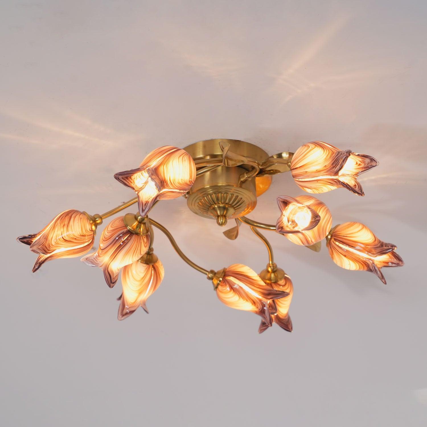 Elegant Purple Tulip Glass Flush Mount Ceiling Light with Gold Metal Finish and Floral Design