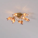 Elegant Purple Tulip Glass Flush Mount Ceiling Light with Gold Metal Finish and Floral Design